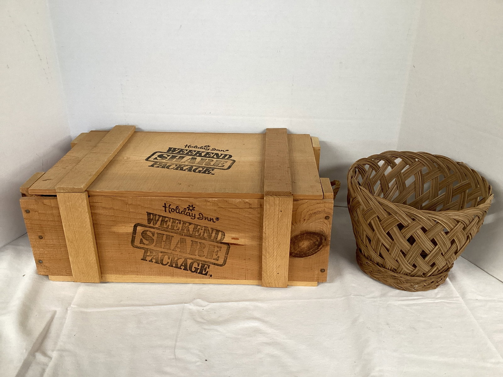Wood Crate and Basket: crate 17" x 11" x 6" h, shipping unavailable for this lot