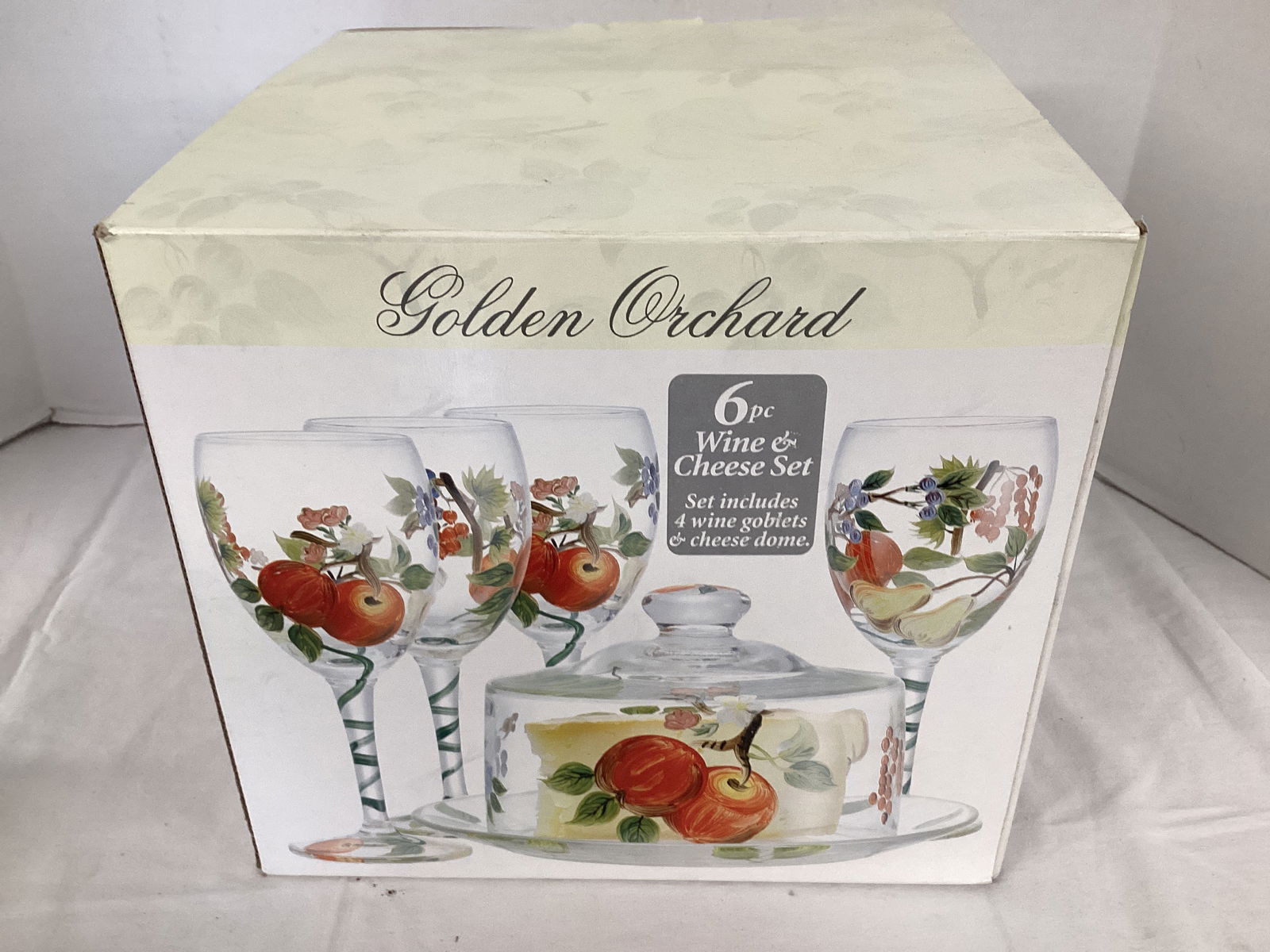 Golden Orchard 6 Piece Wine and Cheese Set: four wine goblets and cheese dome with plate