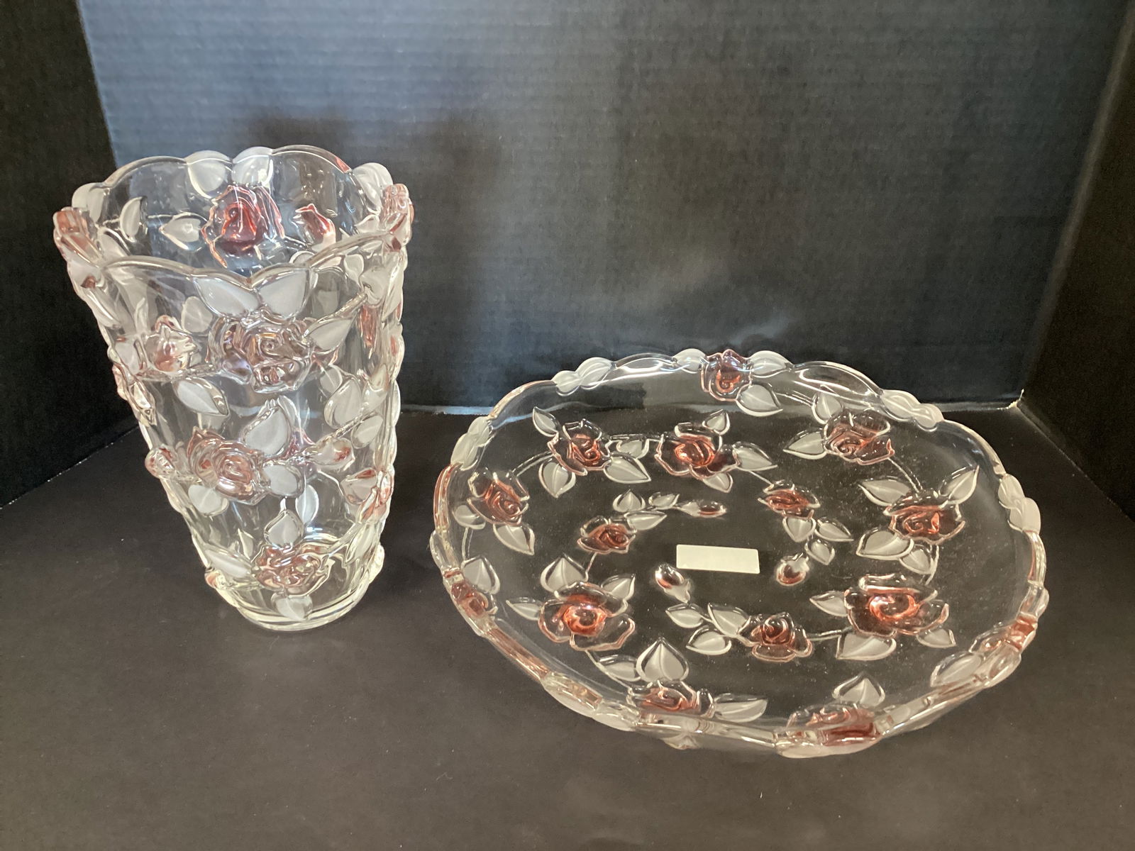 Mikasa Crystal Bell Rose Hostess Platter and Vase: 13 1/4" platter, 9 1/4" h vase