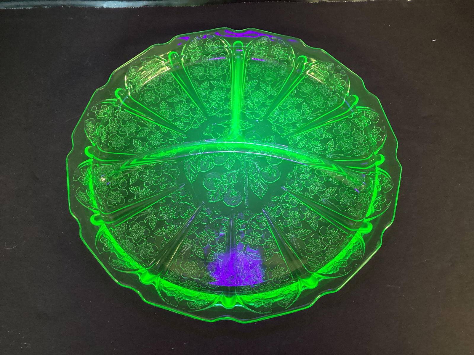 Vintage Cherry Blossom Green Uranium Depression Glass Divided Plate (1 of 6)