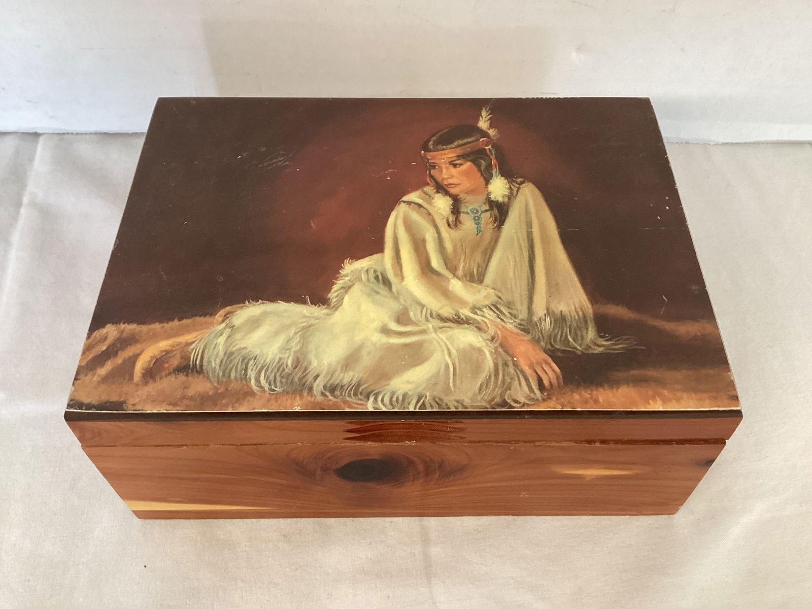 Vintage Cedar Trinket Box with Native American Girl (1 of 4)