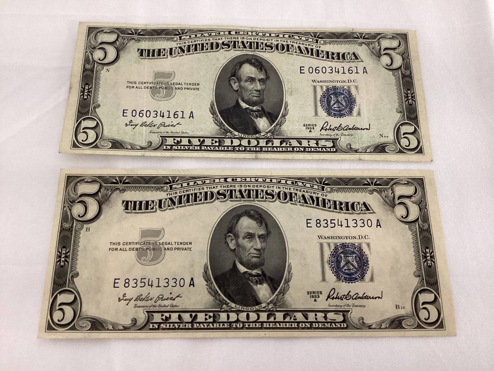 Two Silver Certificate 1953 A US $5 Bills (1 of 5)