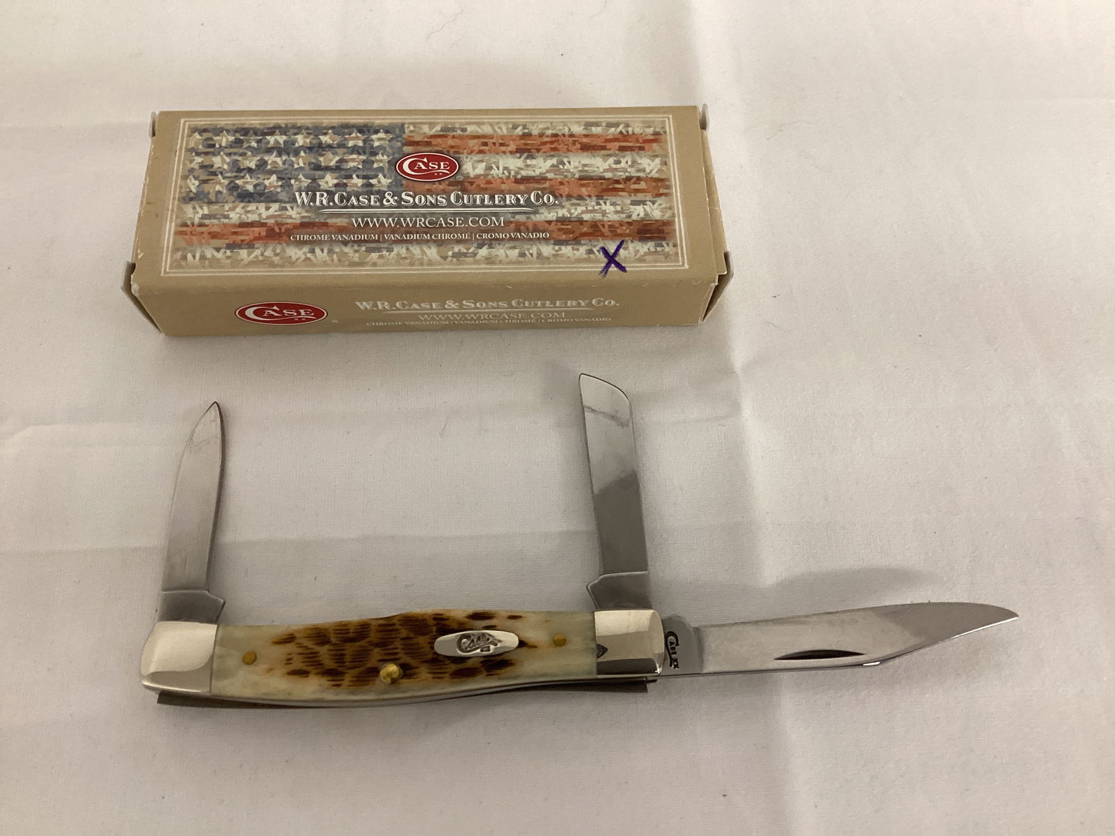 Case Amber Bone Peach Seed Jig Medium Stockman 63032 Three Blade Pocket Knife: 8" open