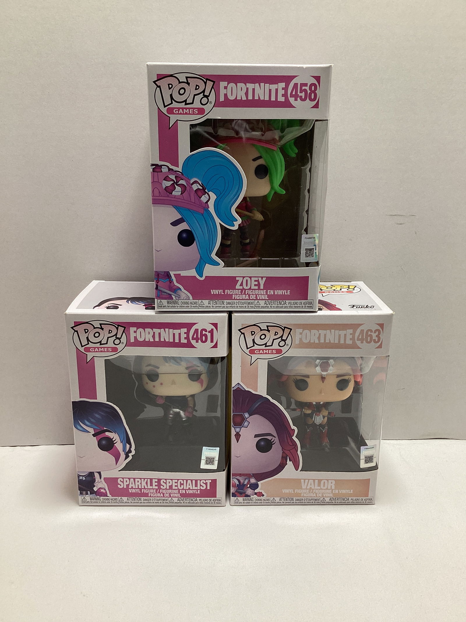 Three Fortnite Funko Pops: Zoey, Sparkle Specialist, Valor
