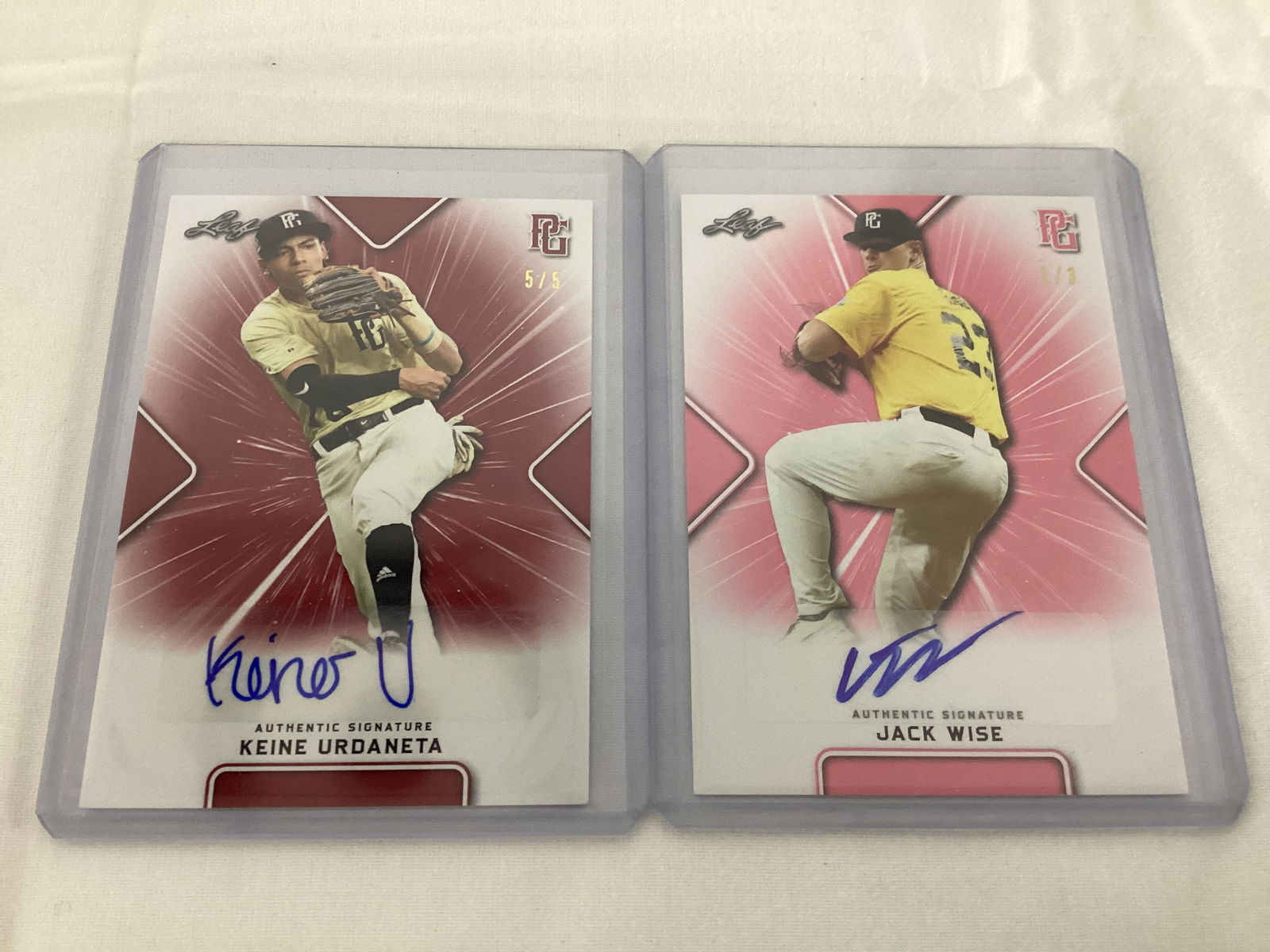 Two Leaf Baseball Autographed Numbered Trading Cards: Keine Urdaneta (5/5), Jack Wise (1/3) 