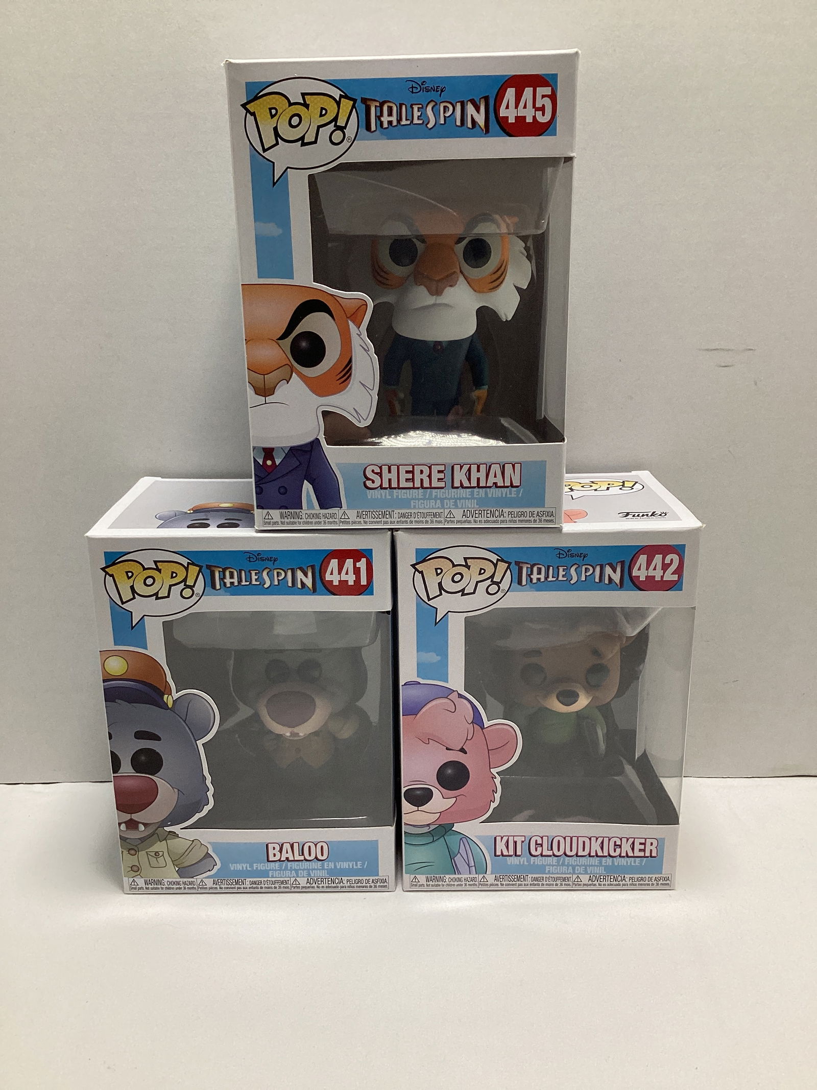 Three Disney Talespin Funko Pops: Baloo, Shere Khan, Kit Cloudkicker