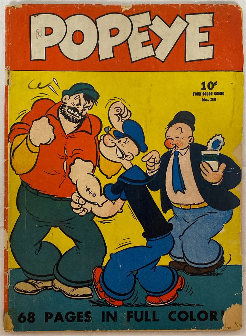 Dell Four Color 25 Popeye Comic Book: 1941, cover detached at top staple, please preview and see all photos for condition 