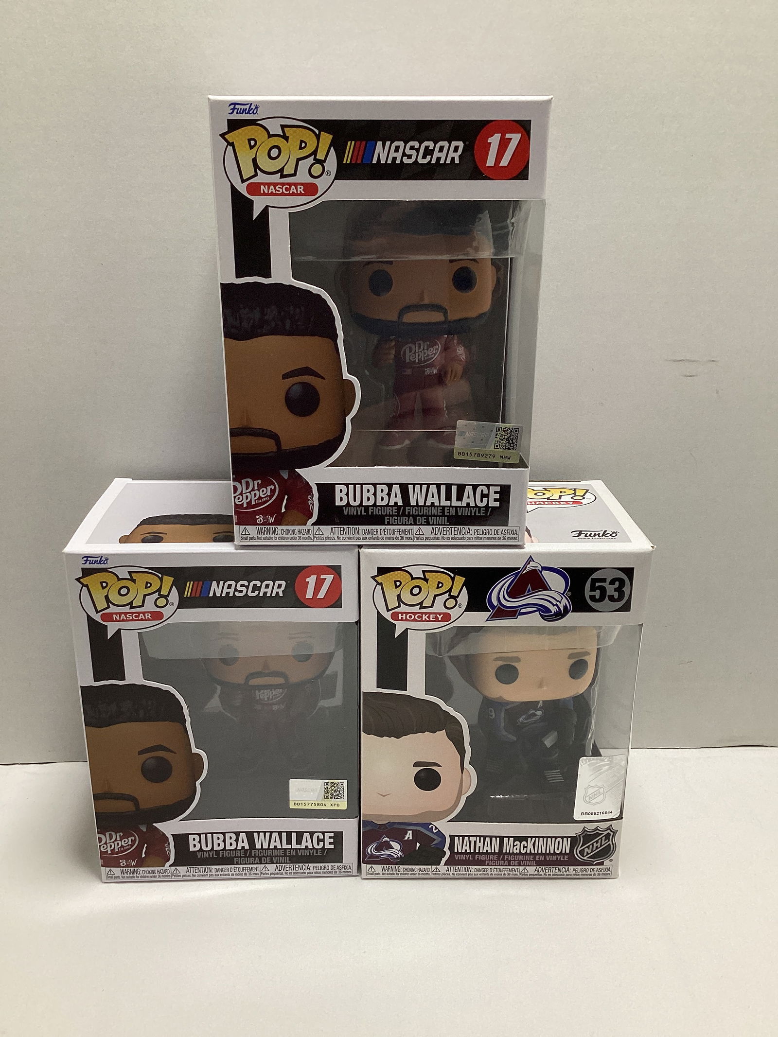 Three Sports Funko Pops: Bubba Wallace (Nascar) x 2, Nathan MacKinnon (NHL)
