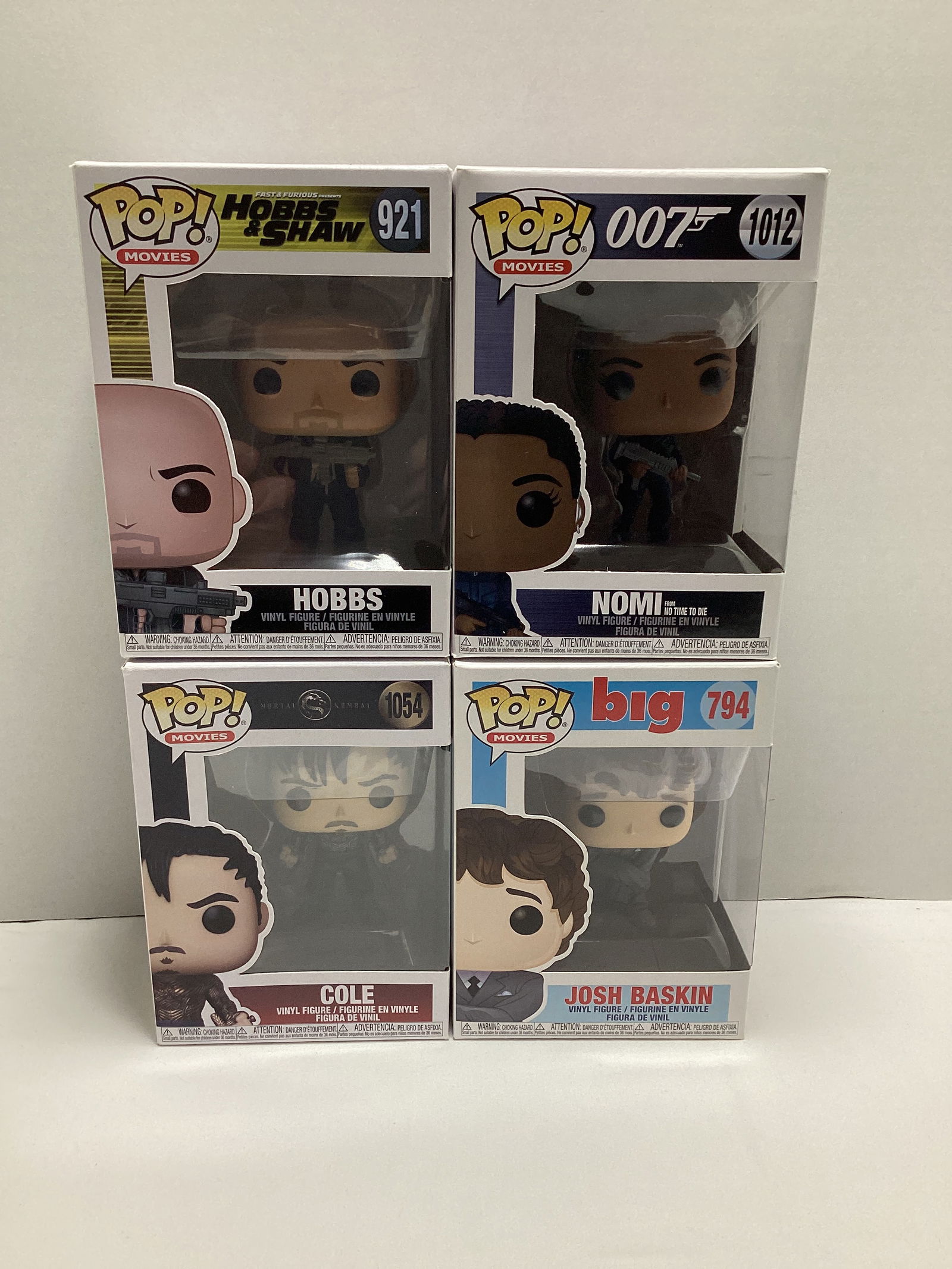 Four Movies Funko Pops: Hobbs (Hobbs and Shaw), Nomi (No time to Die - James Bond), Cole (Mortal Kombat), Josh Baskin (Big)