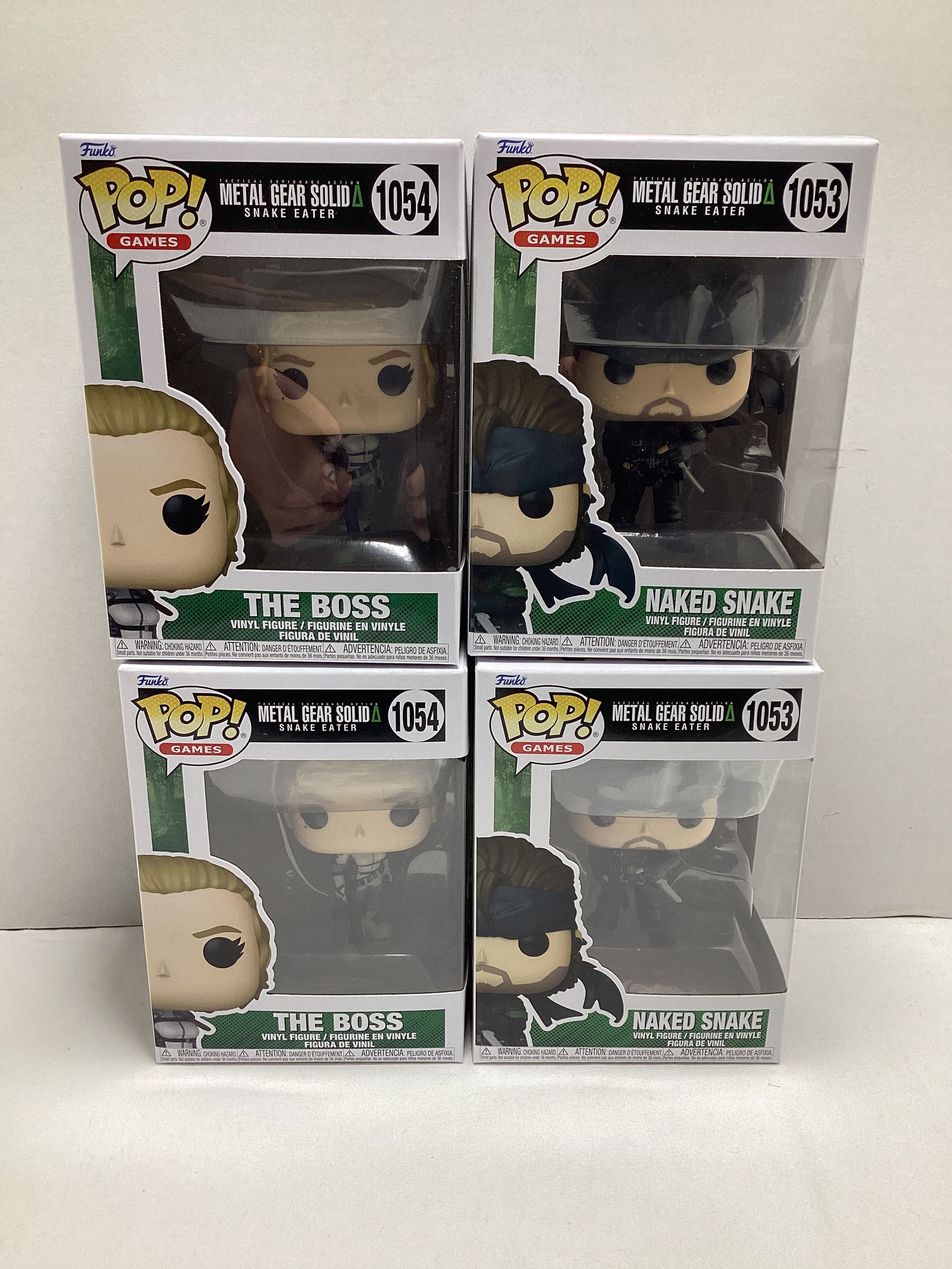 Four Metal Gear Solid Snake Eater Funko Pops: Naked Snake x2, The Boss x2 