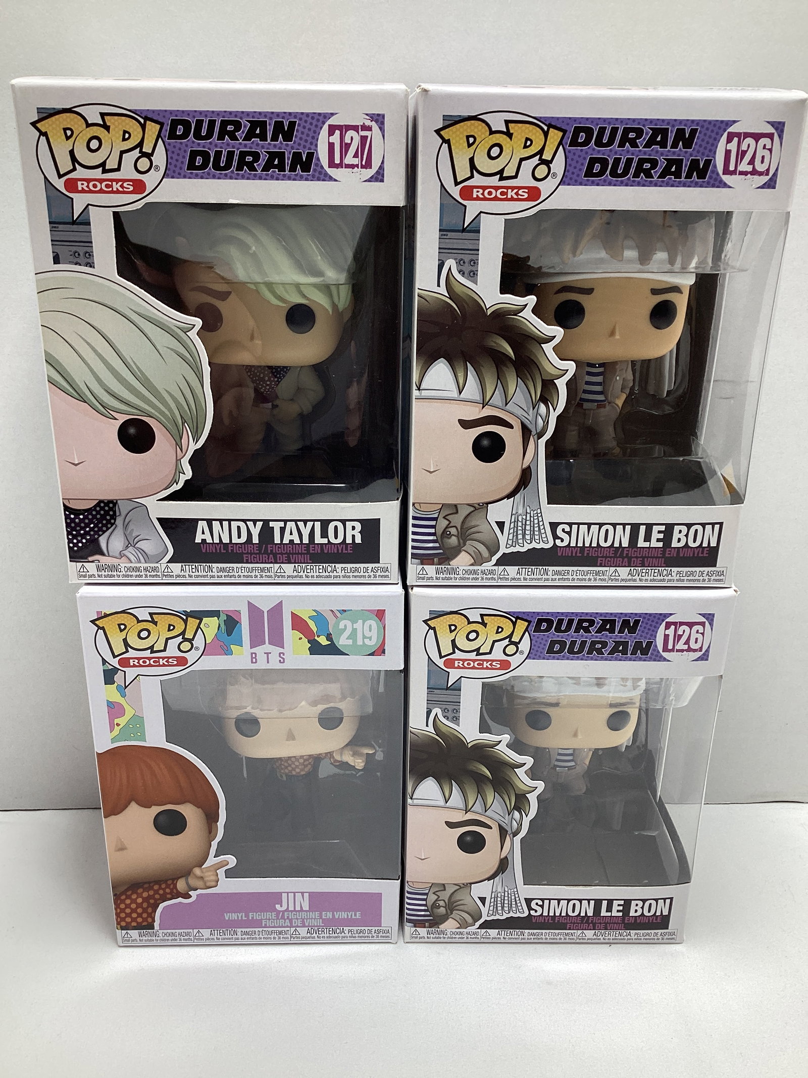 Four Musician Funko Pops: Duran Duran Andy Taylor, Duran Duran Simon Le Bon x2, BTS Jin 