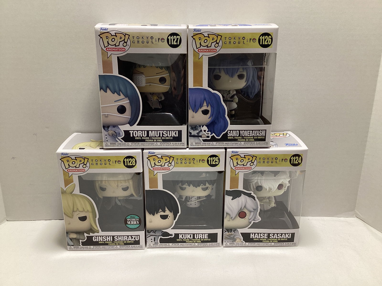 Five Tokyo Ghoul Re Anime Funko Pops: Toro Mutsuki, Saiko Yonebayashi, Ginshi Shirazu, Kuki Urie, Haise Sasaki 