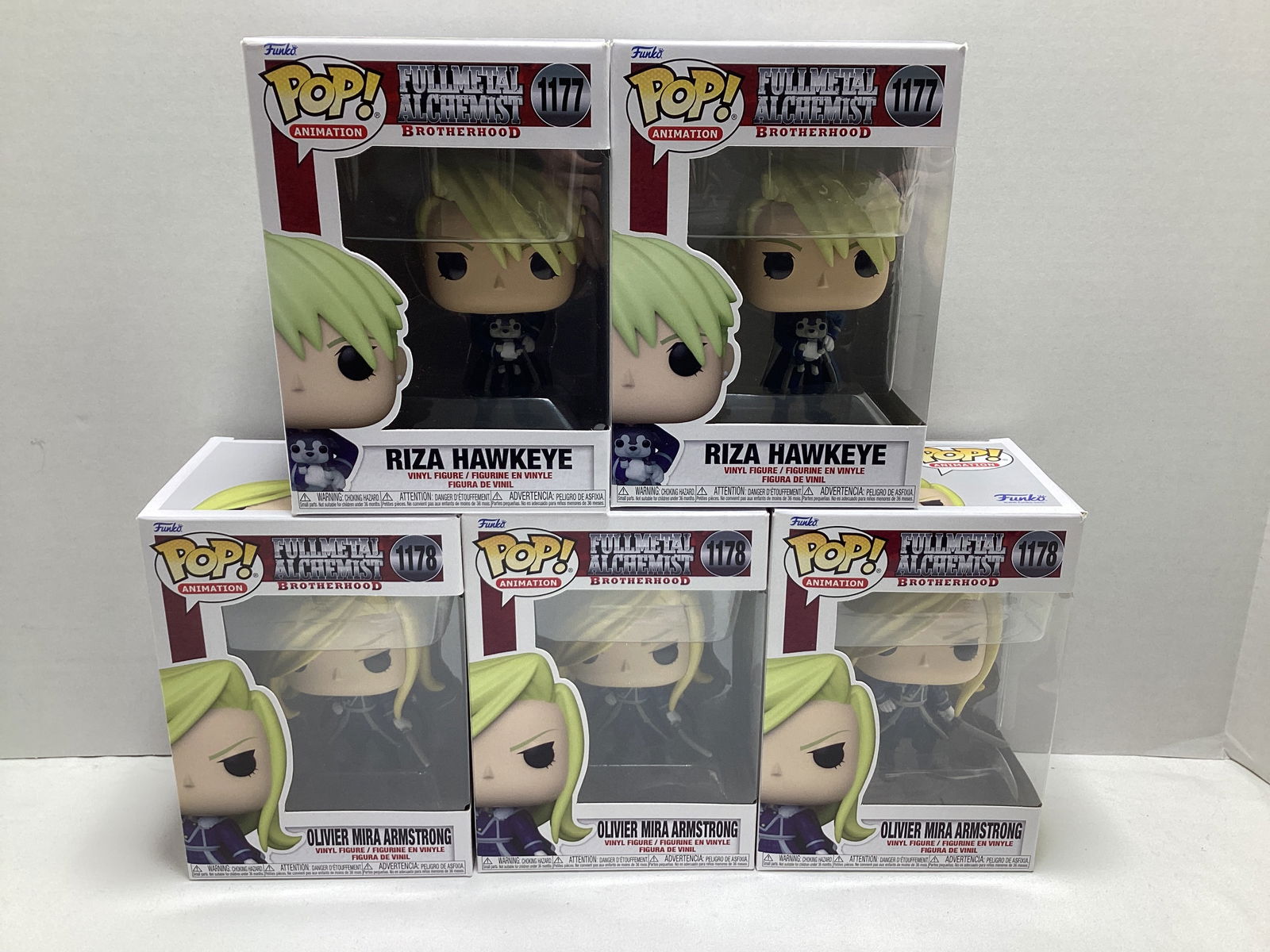Five Fullmetal Alchemist Anime Funko Pops: Oliver Mira Armstrong x3, Riza Hawkeye x2