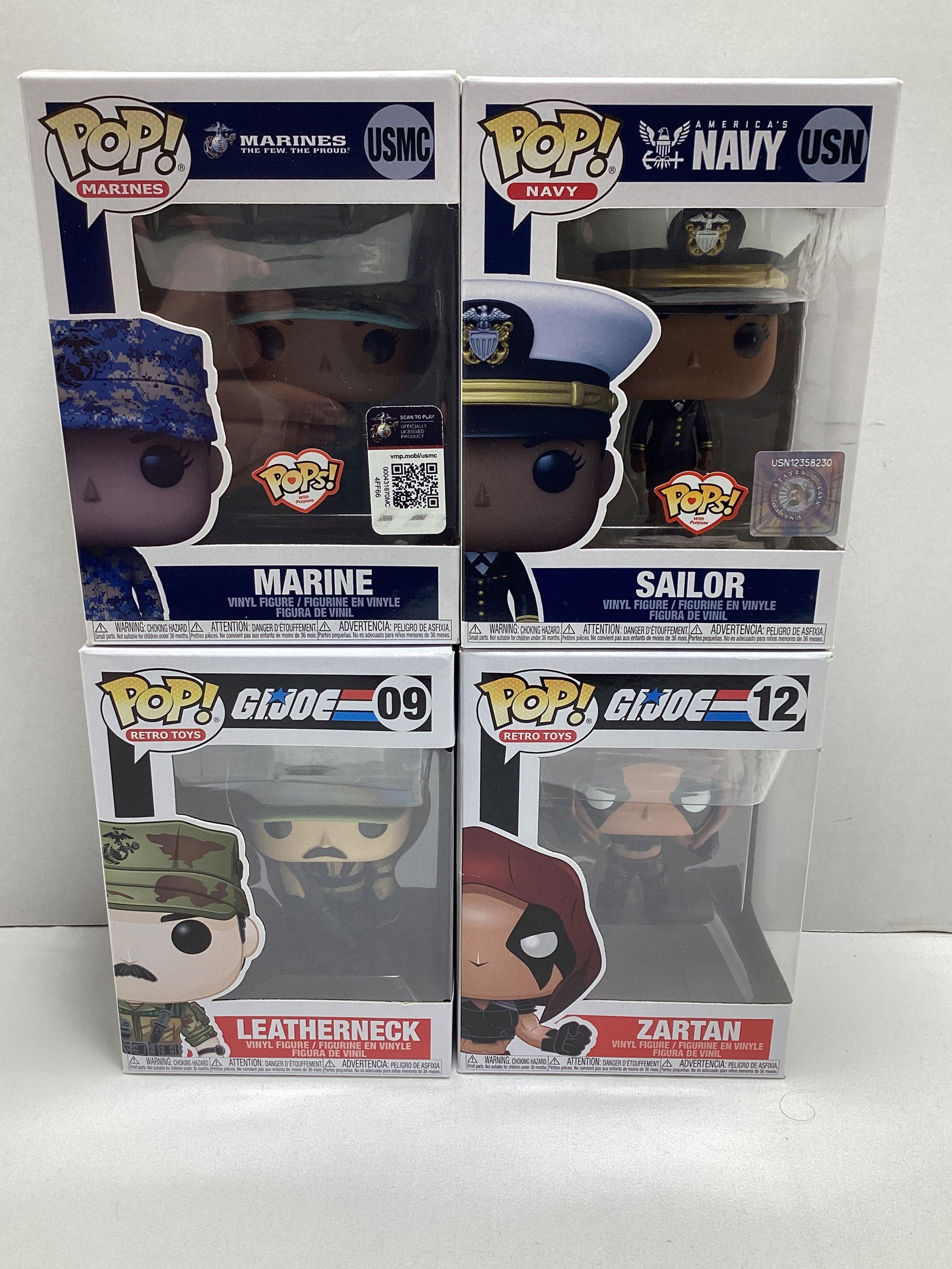 Four GI Joe and Military Funko Pops: Leatherneck, Zartan, Marine, Sailor 
