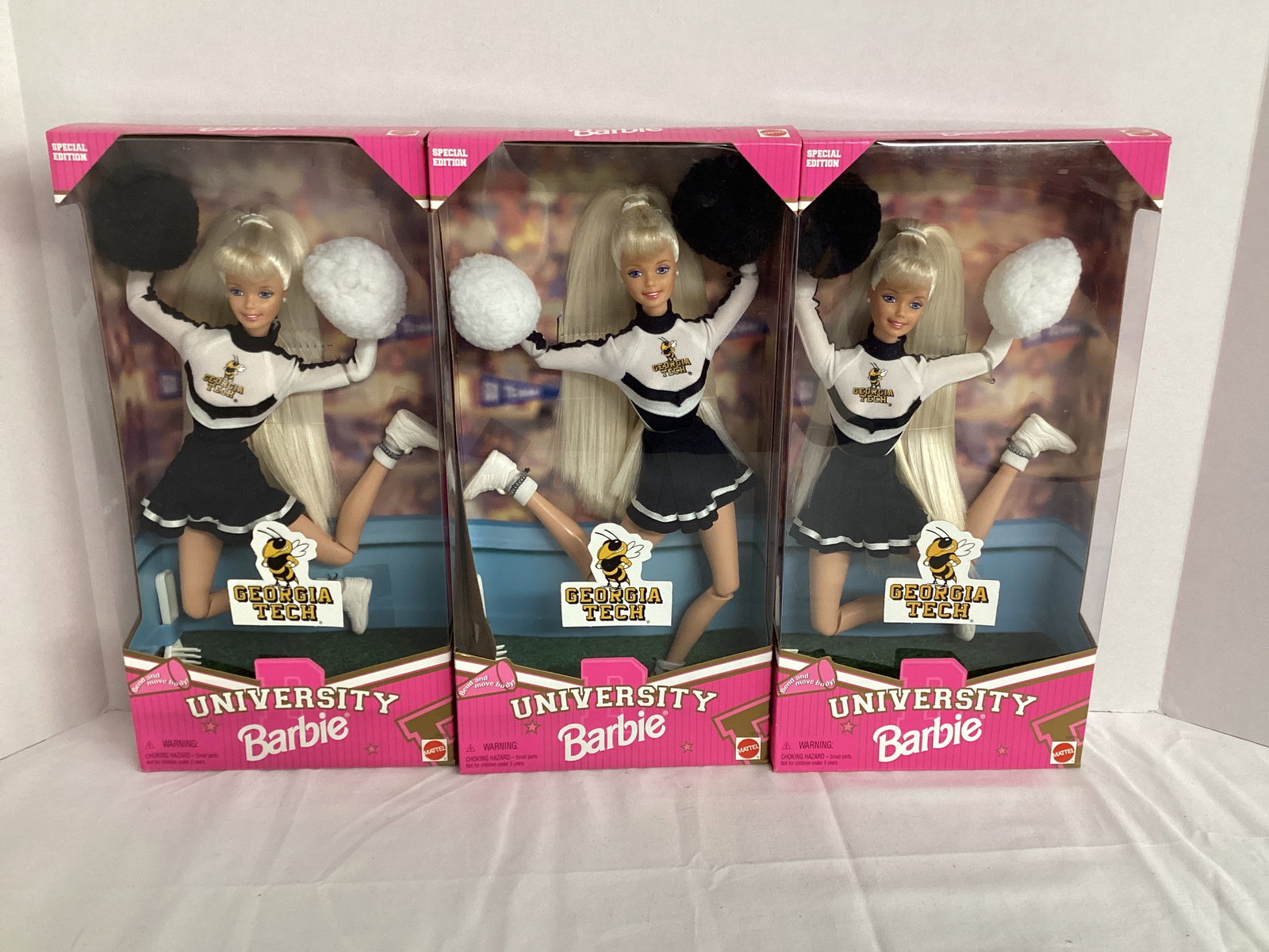 Three Georgia Tech Yellowjackets Cheerleaders Barbie Dolls: 1996 Mattel 
