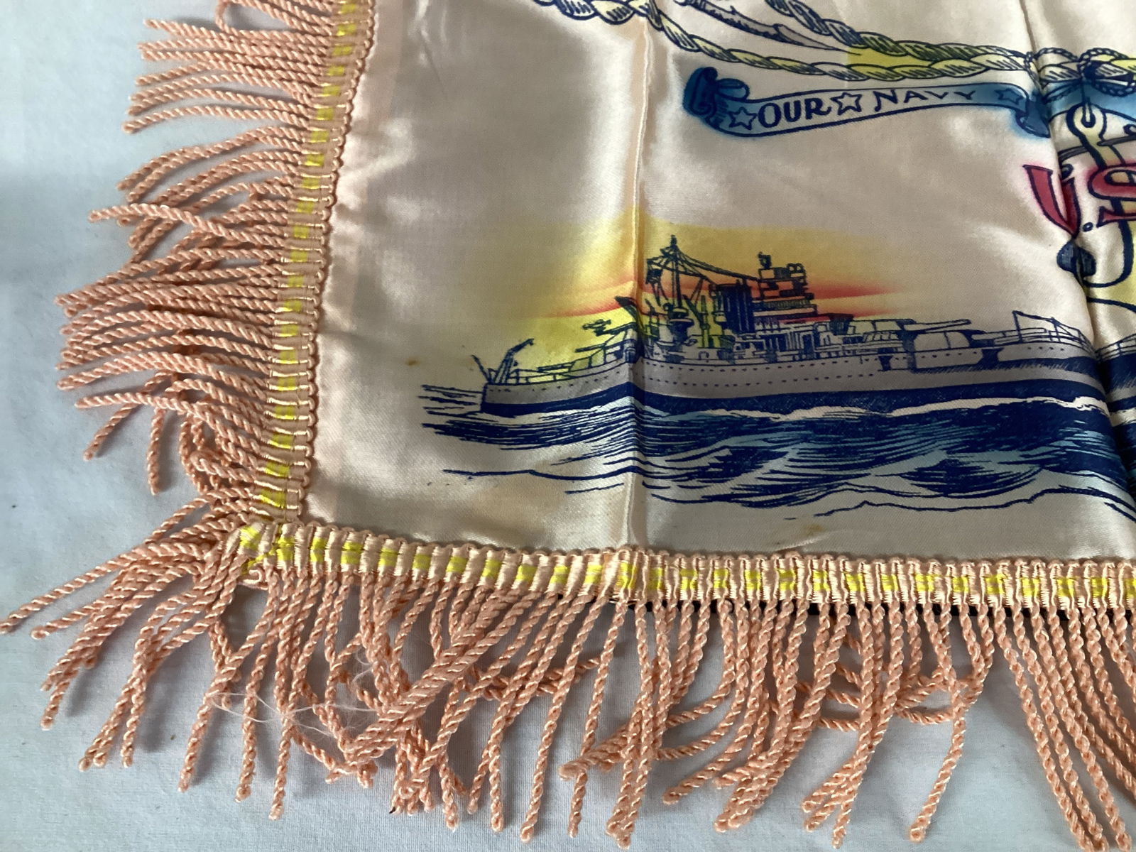 Vintage US Navy Sweetheart Pillow Cover with Fringe - 3