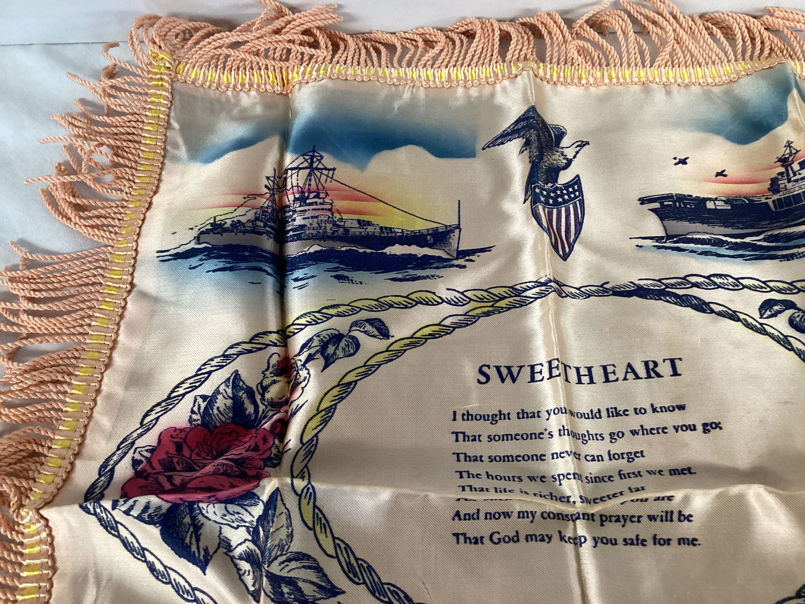 Vintage US Navy Sweetheart Pillow Cover with Fringe - 5