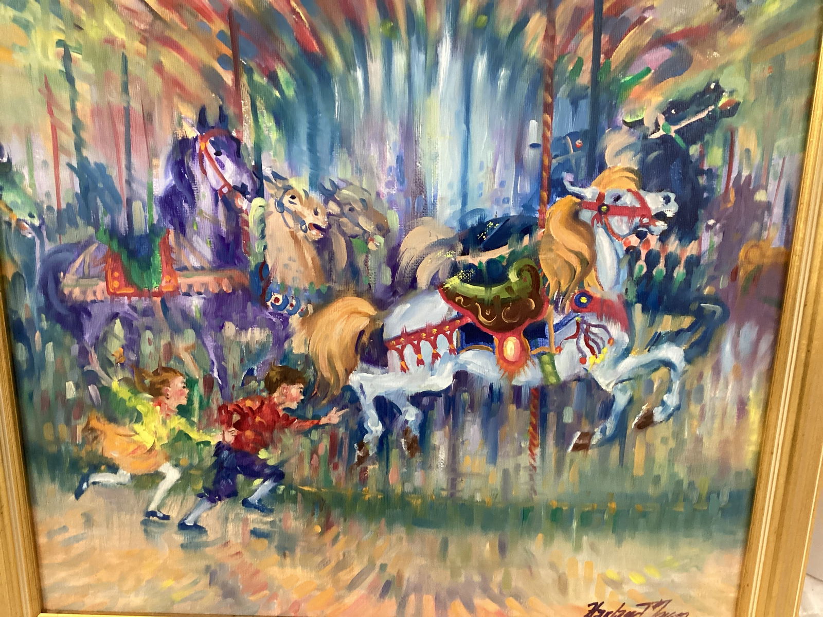 Framed Signed Carousel Horse Painting on Board - 2