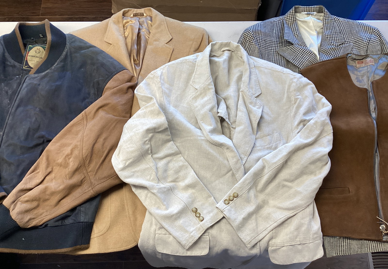 Men's Jackets and Vest: Members Only 2X leather (needs cleaning), L.L. Bean 44 Tall linen, vintage Edens Estes camel hair, T&C Cer Cas Lusso leather vest, Ralph Lauren Polo University Club houndstooth