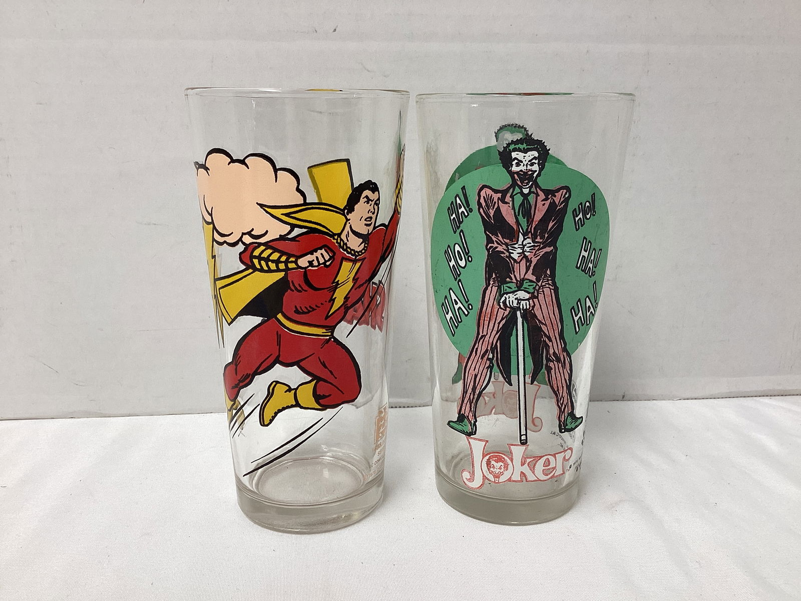Pepsi Shazam and The Joker Collector Glasses: 6 1/2" h, 1976 and 1978 