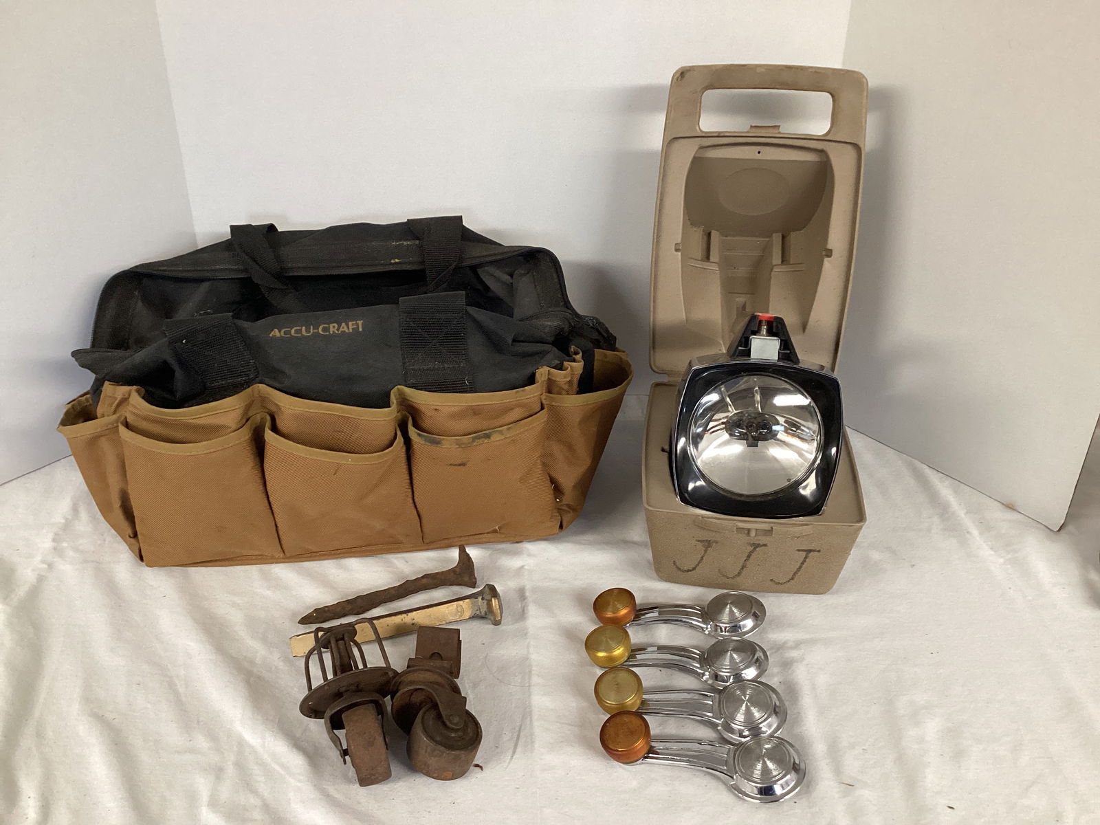 Canvas Tool Bag, Vintage Flashlight, Vintage Buick Window Crank Handles, Casters: .