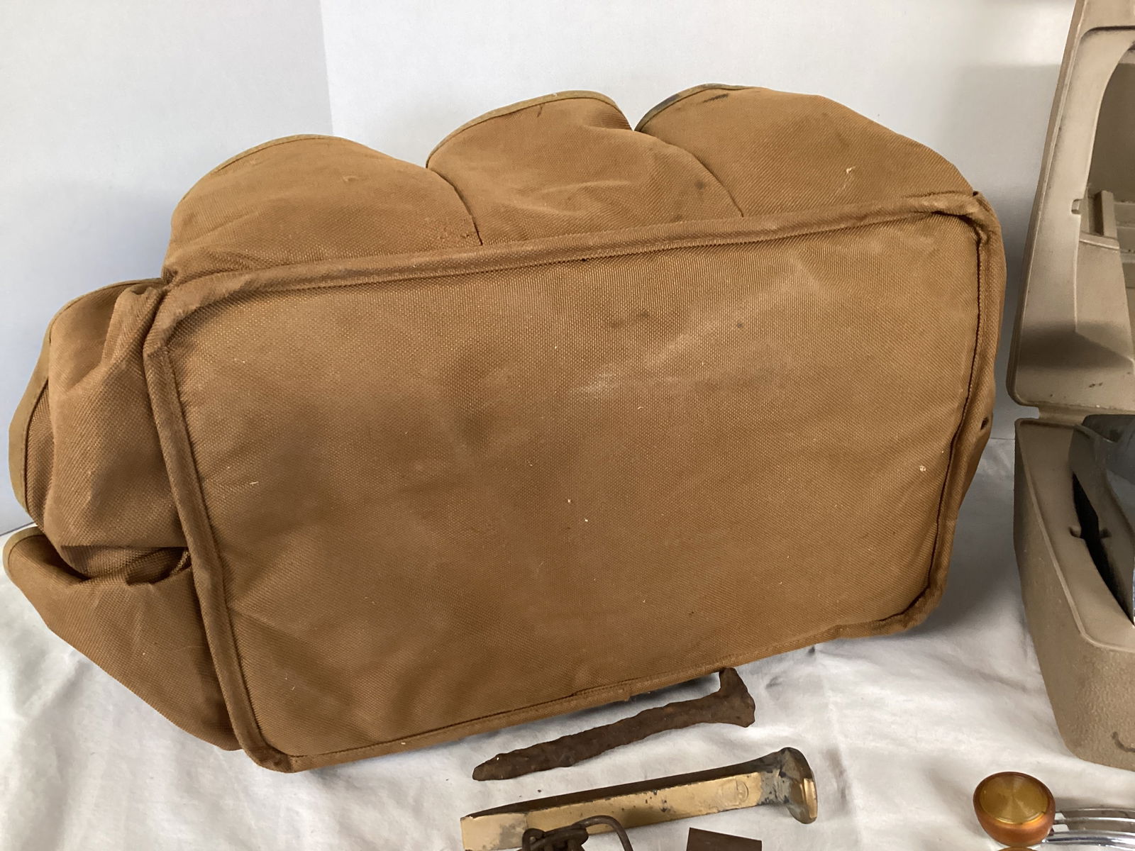 Canvas Tool Bag, Vintage Flashlight, Vintage Buick Window Crank Handles, Casters - 5