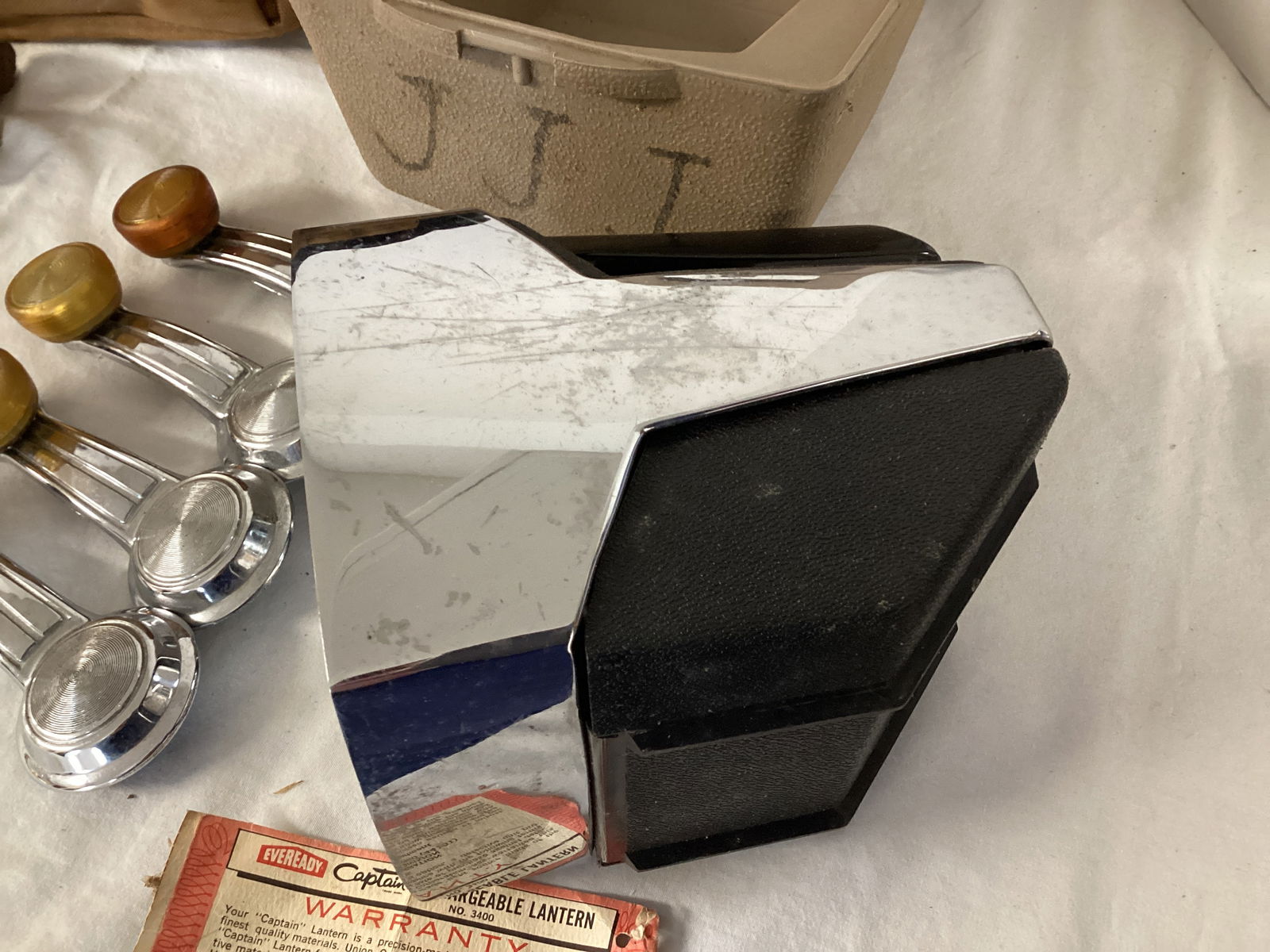 Canvas Tool Bag, Vintage Flashlight, Vintage Buick Window Crank Handles, Casters - 8