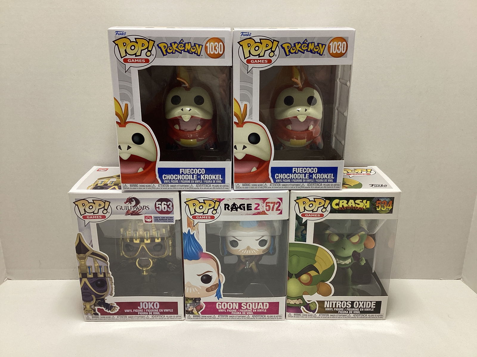 Five Video Game Funko Pops: Pokémon, Rage 2, Guild Wars 2, Crash Bandicoot