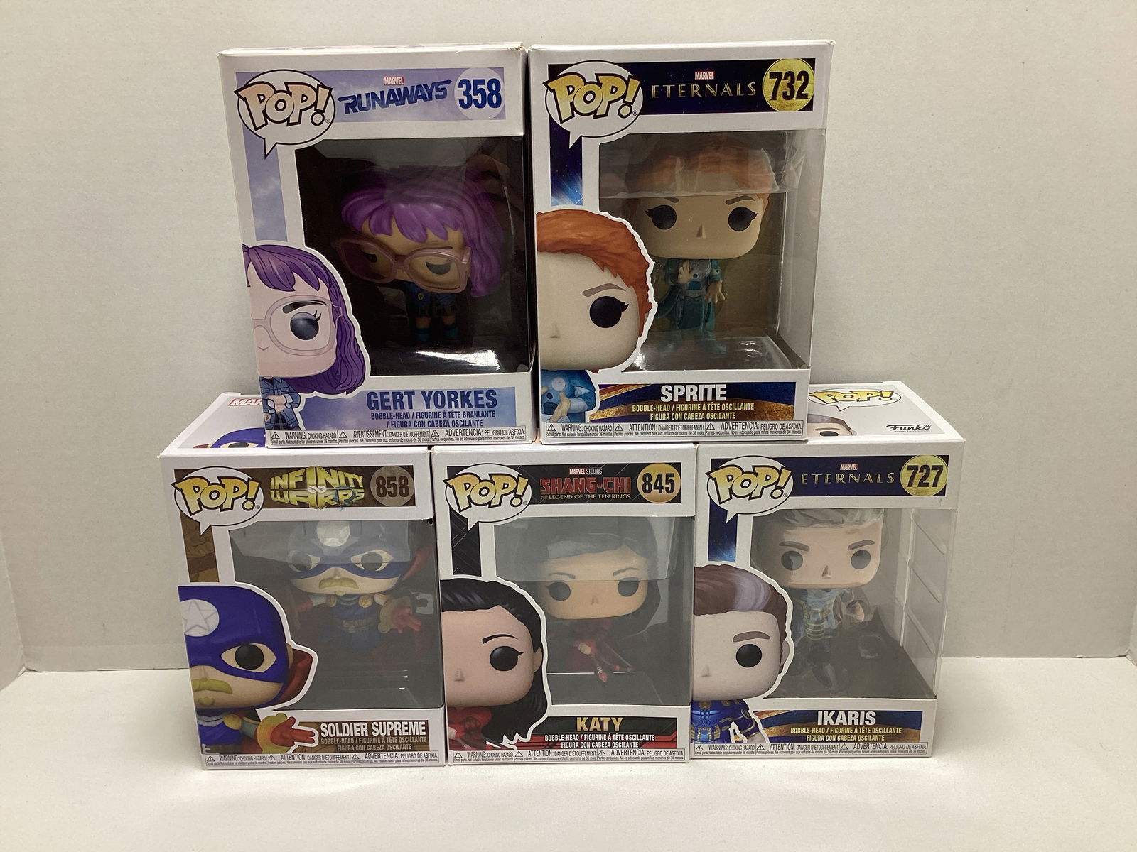 Five Marvel Funko Pops: Gert Yorkes, Sprite, Soldier Supreme, Katy, Ikaris 