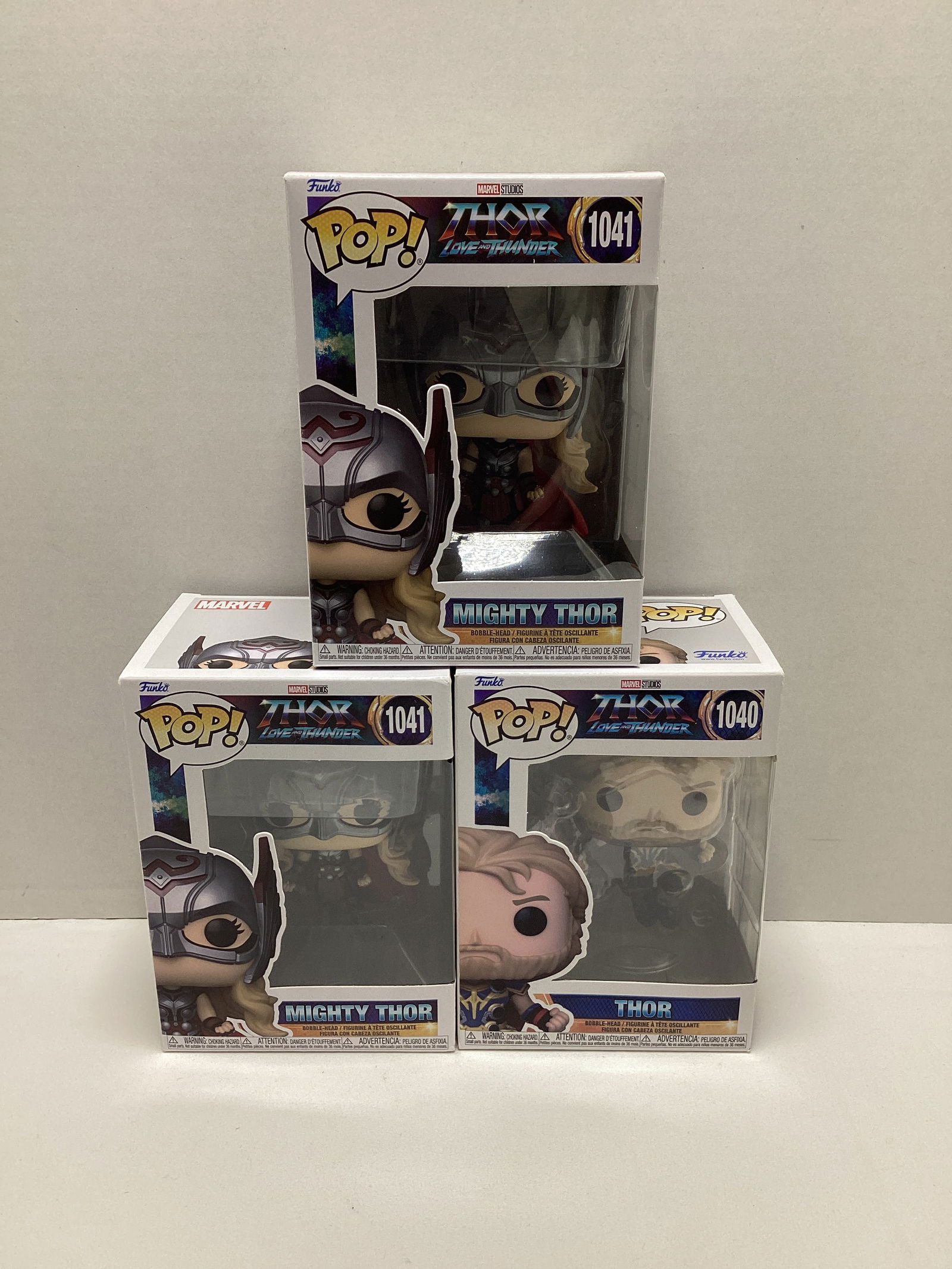 Three Marvel Thor Love and Thunder Funko Pops: one damaged box 