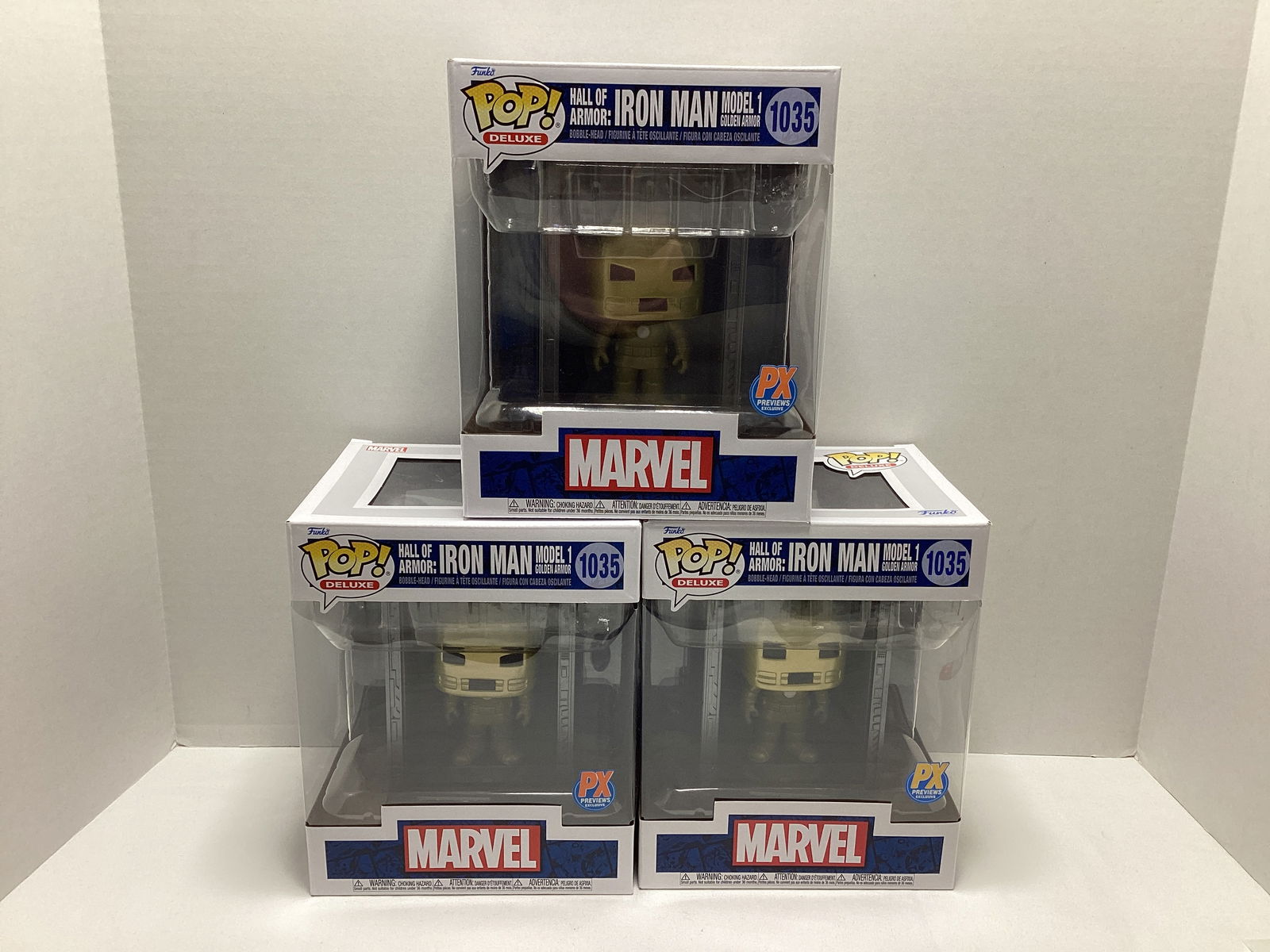 Three Marvel Iron Man Mk. 1 Previews Exclusive Funko Pops: . 