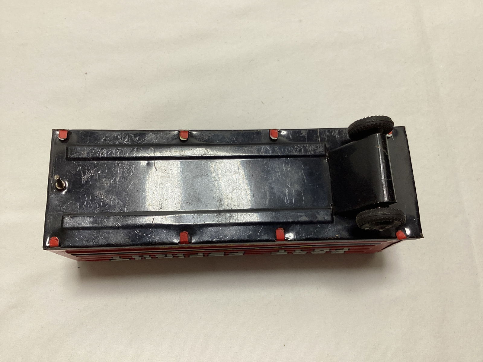 Tin Litho Vespa, Fire Chief Car, and Tractor Trailer - 11