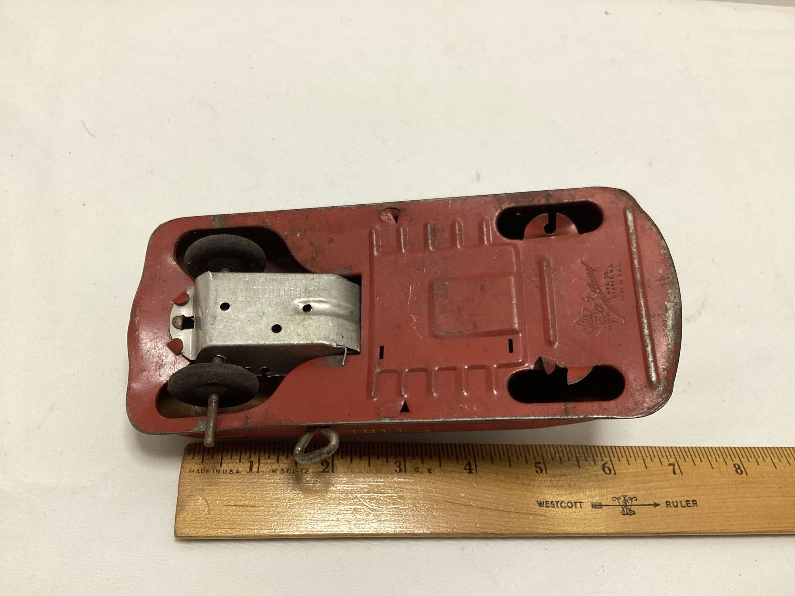 Tin Litho Vespa, Fire Chief Car, and Tractor Trailer - 7