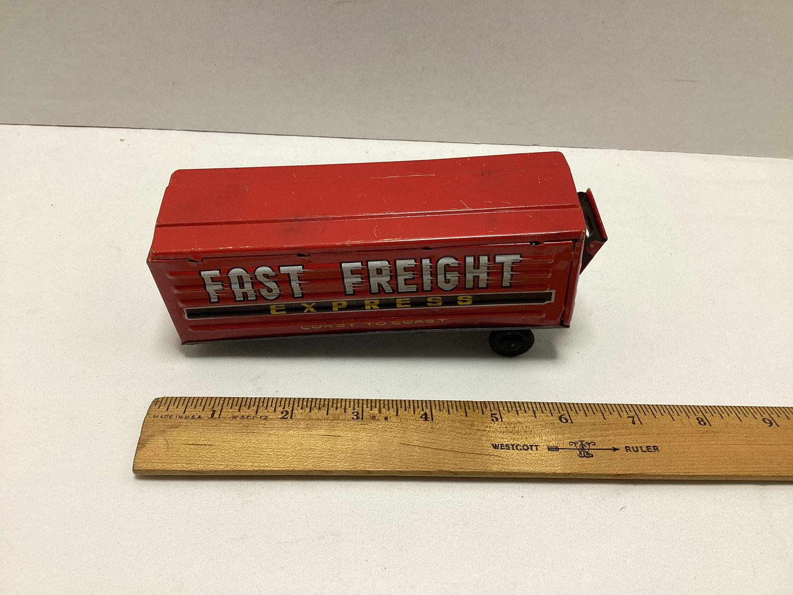 Tin Litho Vespa, Fire Chief Car, and Tractor Trailer - 9