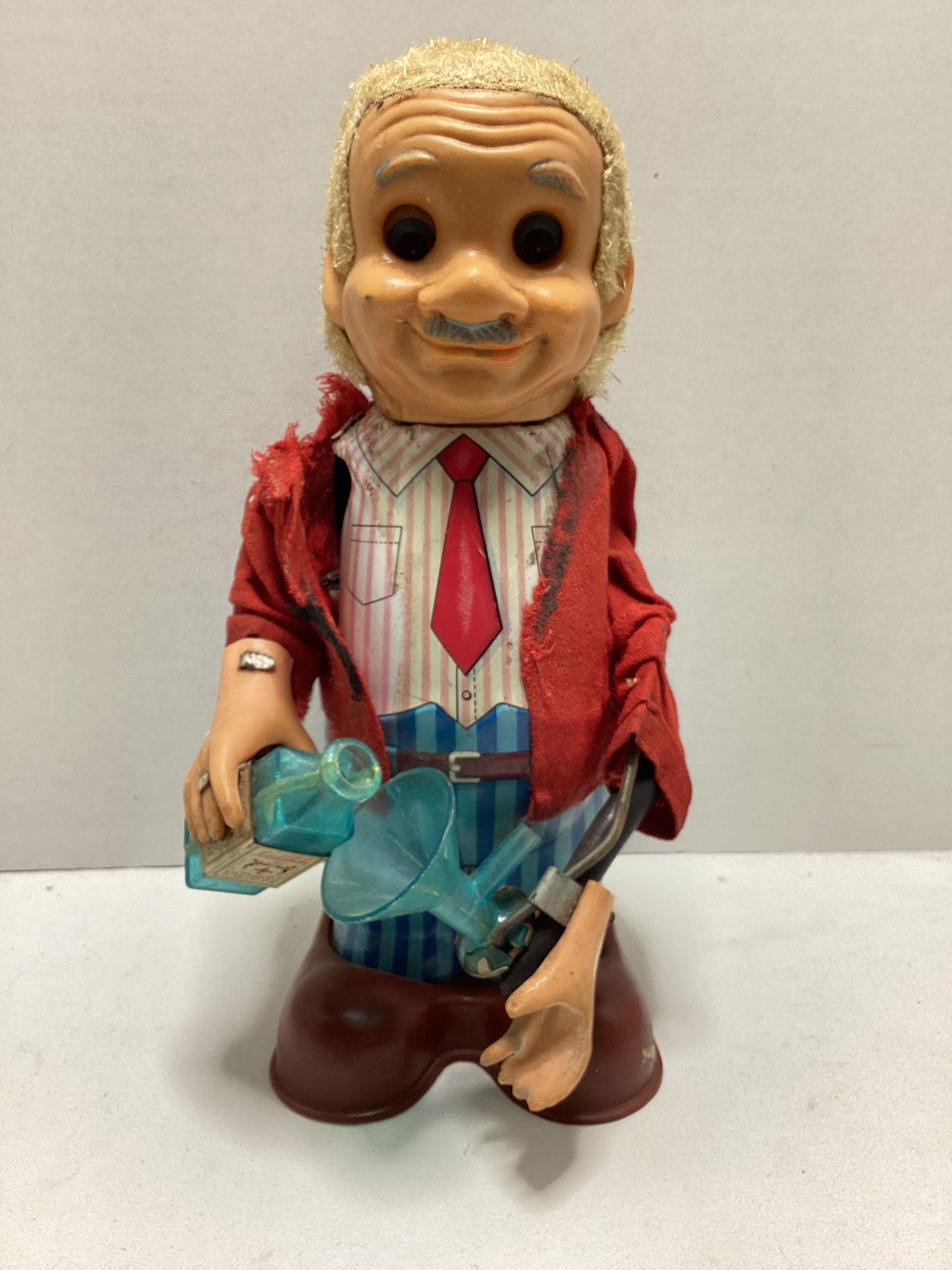 Vintage Rosko Charley Weaver Bartender Toy: worn, needs cleaning, 10" h, no battery cover 