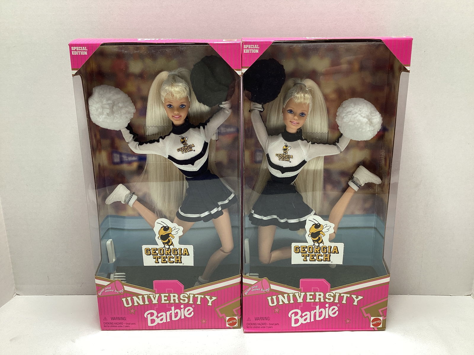 Two Georgia Tech Yellowjackets Cheerleader Barbie Dolls: 1996 Mattel