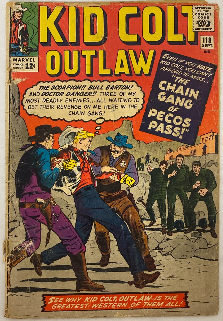 Kid Colt Outlaw 118 Marvel Comic Book: 1964, cover detached at bottom staple, Please preview and see all photos for condition 