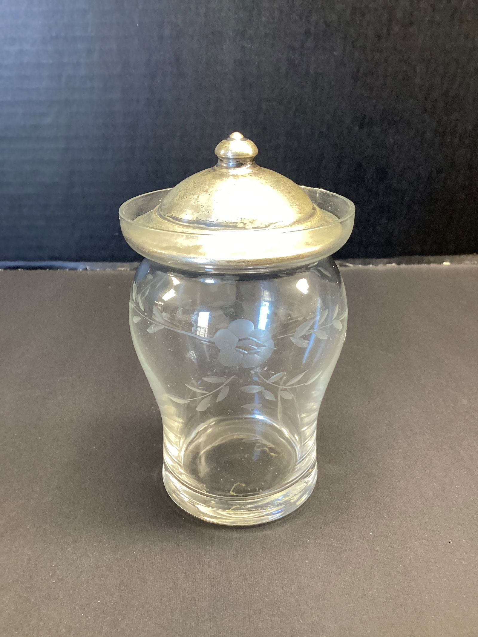 Etched Glass Condiment Jar with Sterling Silver Lid: lid is 0.434 troy ounces, 5" h 