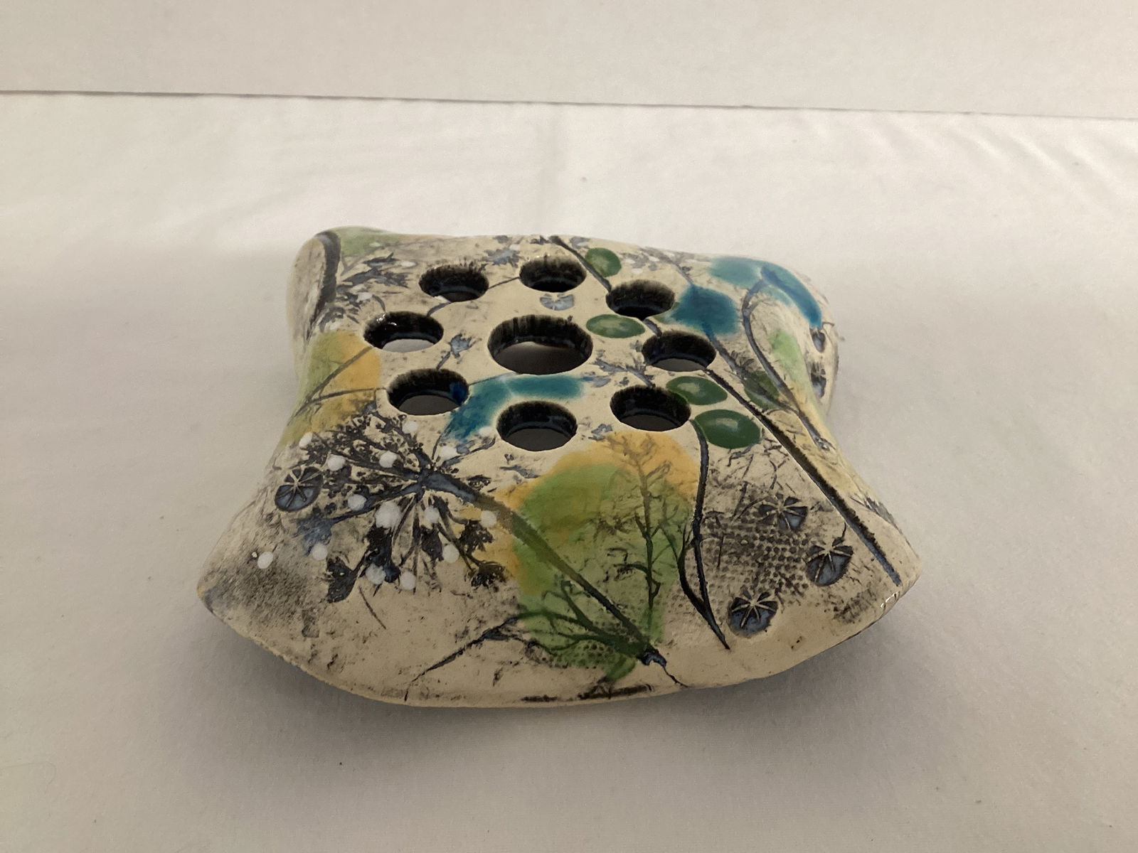 Hand Crafted Pottery Flower Frog: 4 1/2" square x 1 1/2" h 
