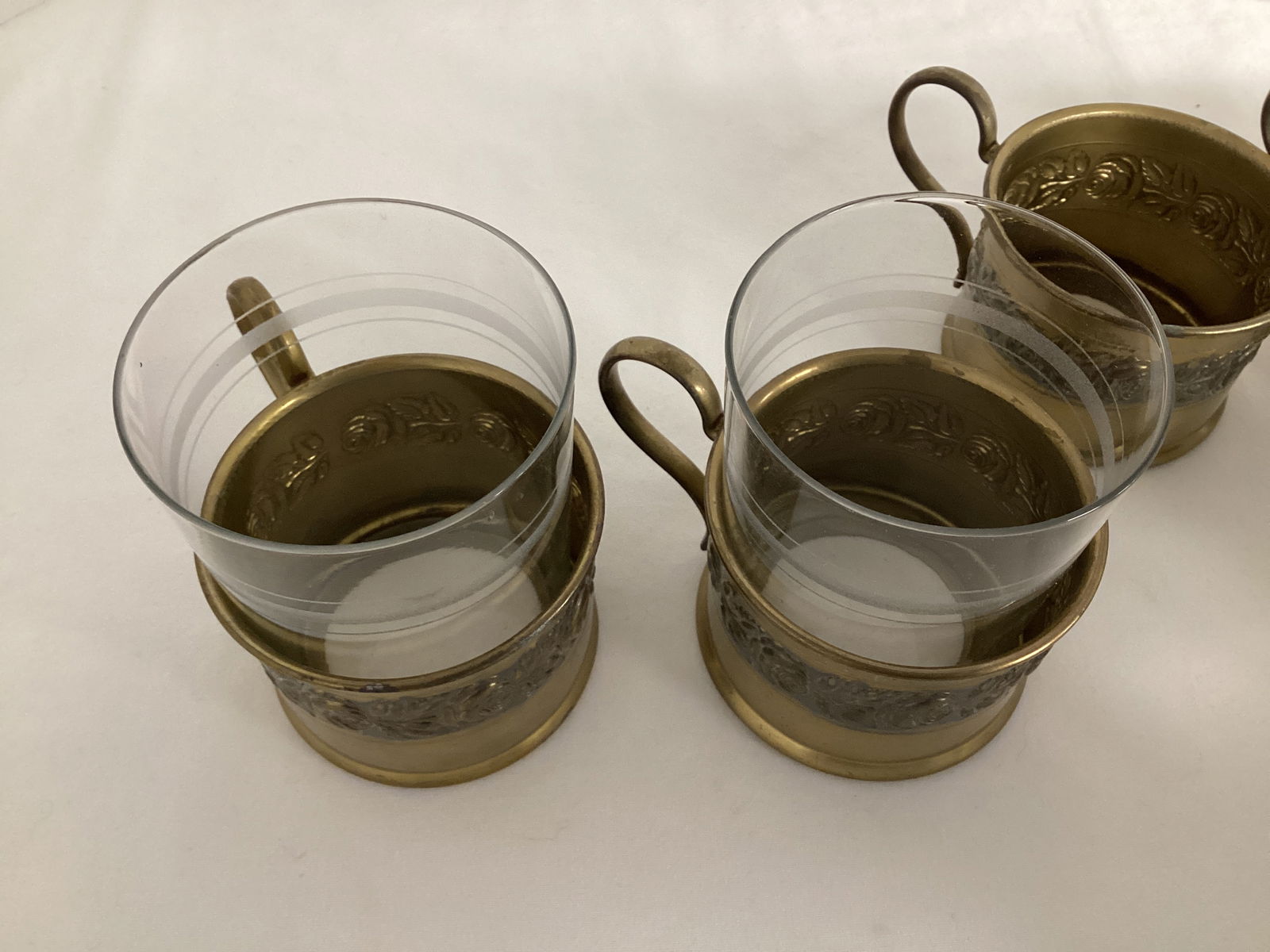 Vintage Brass Embossed Rose Pattern Eggnog Punch Bowl with Lid and 12 Brass Glass Holders - 12