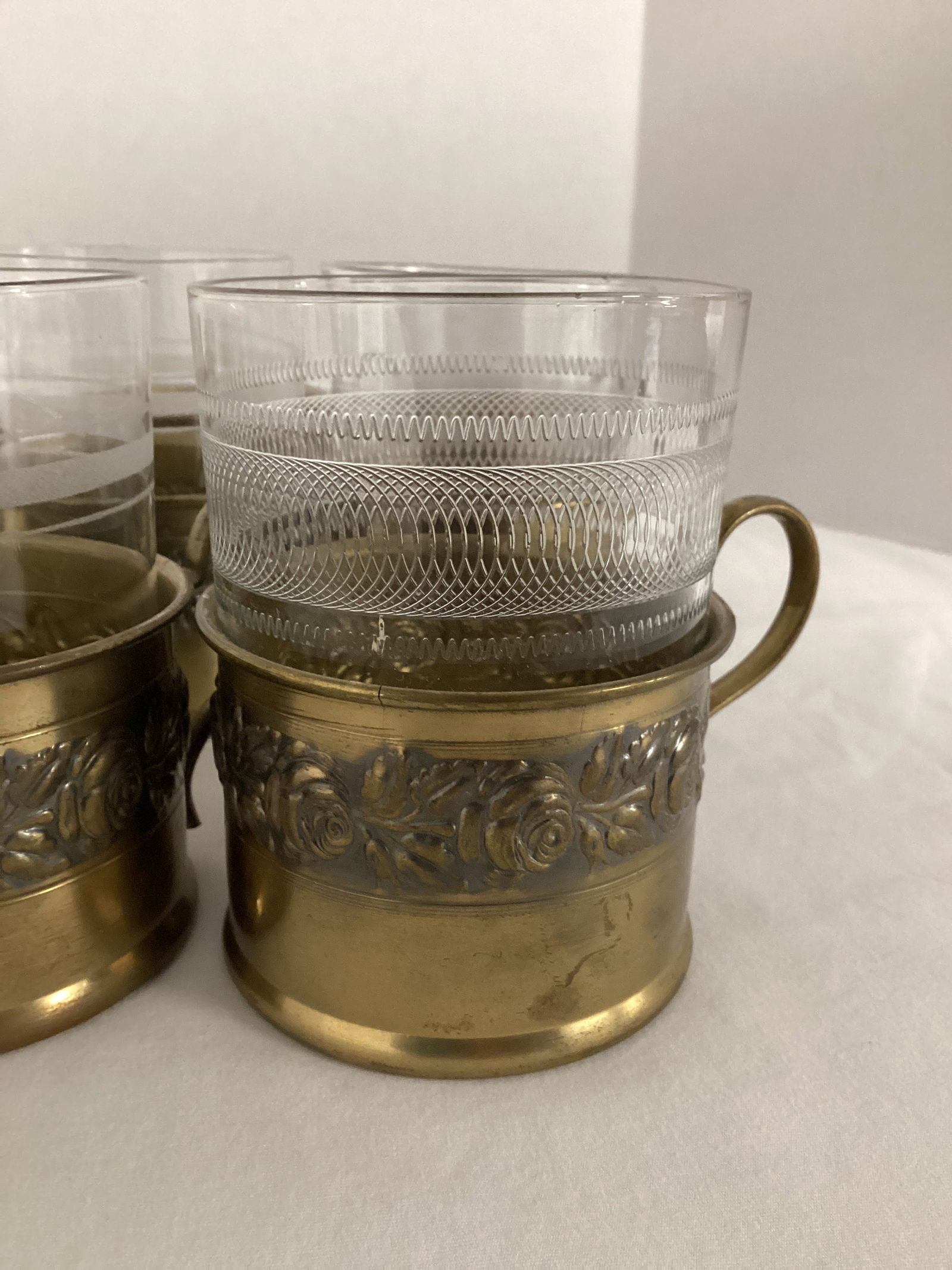 Vintage Brass Embossed Rose Pattern Eggnog Punch Bowl with Lid and 12 Brass Glass Holders - 13