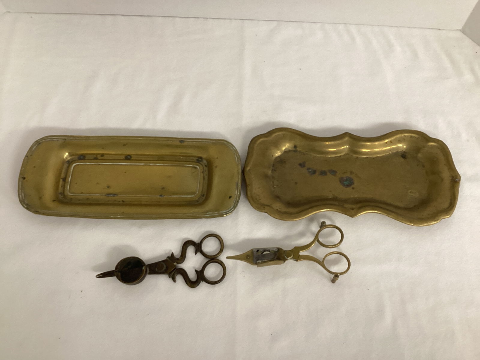 Two Brass Candlewick Scissors and Small Brass Trays: trays are approx. 9 1/4" x 4" 