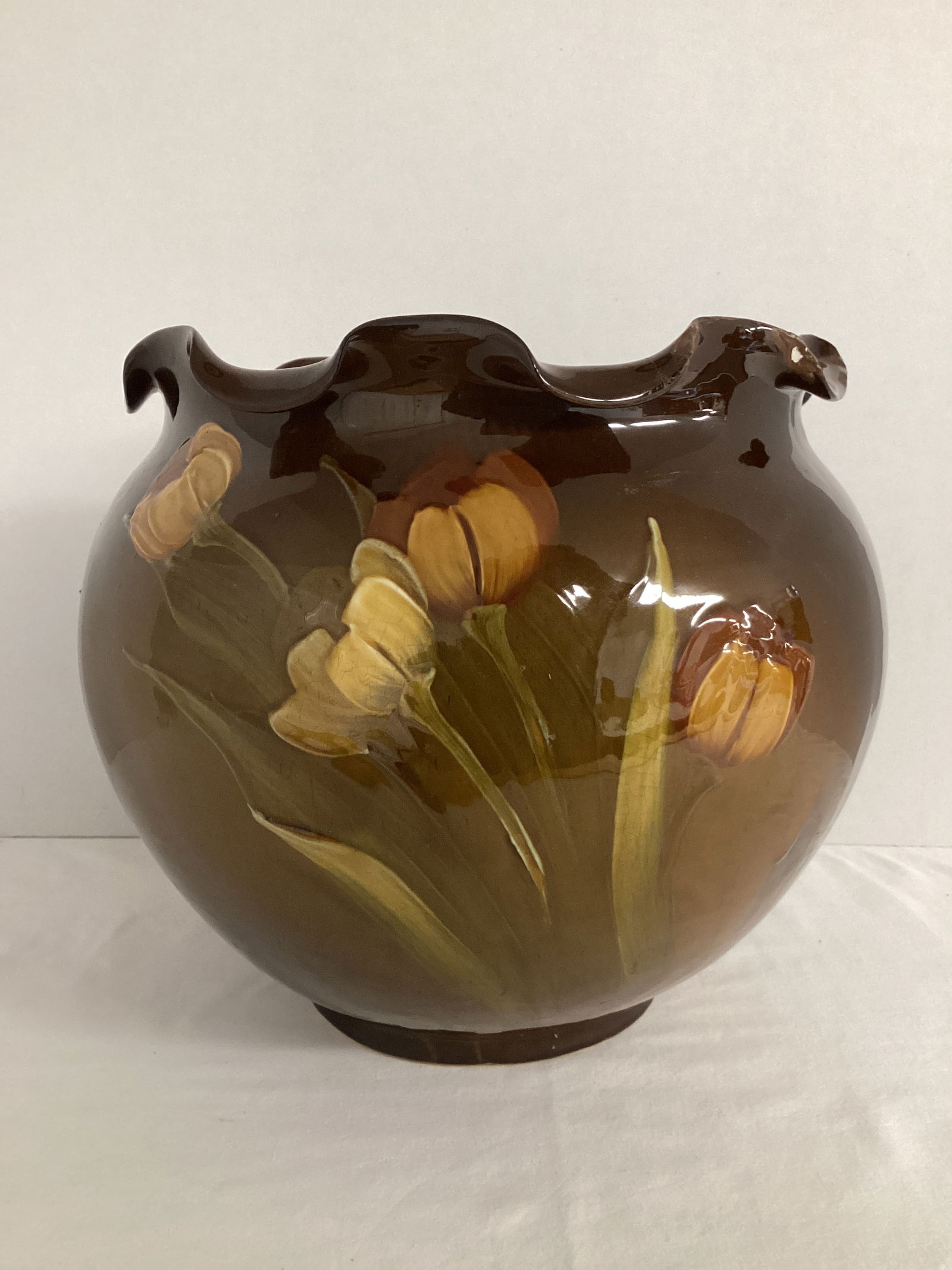 Large Pottery Jardiniere with Ruffled Edge: some chips on edge with repair, hairline crack, 11 1/2" diameter x 10 1/4" h 