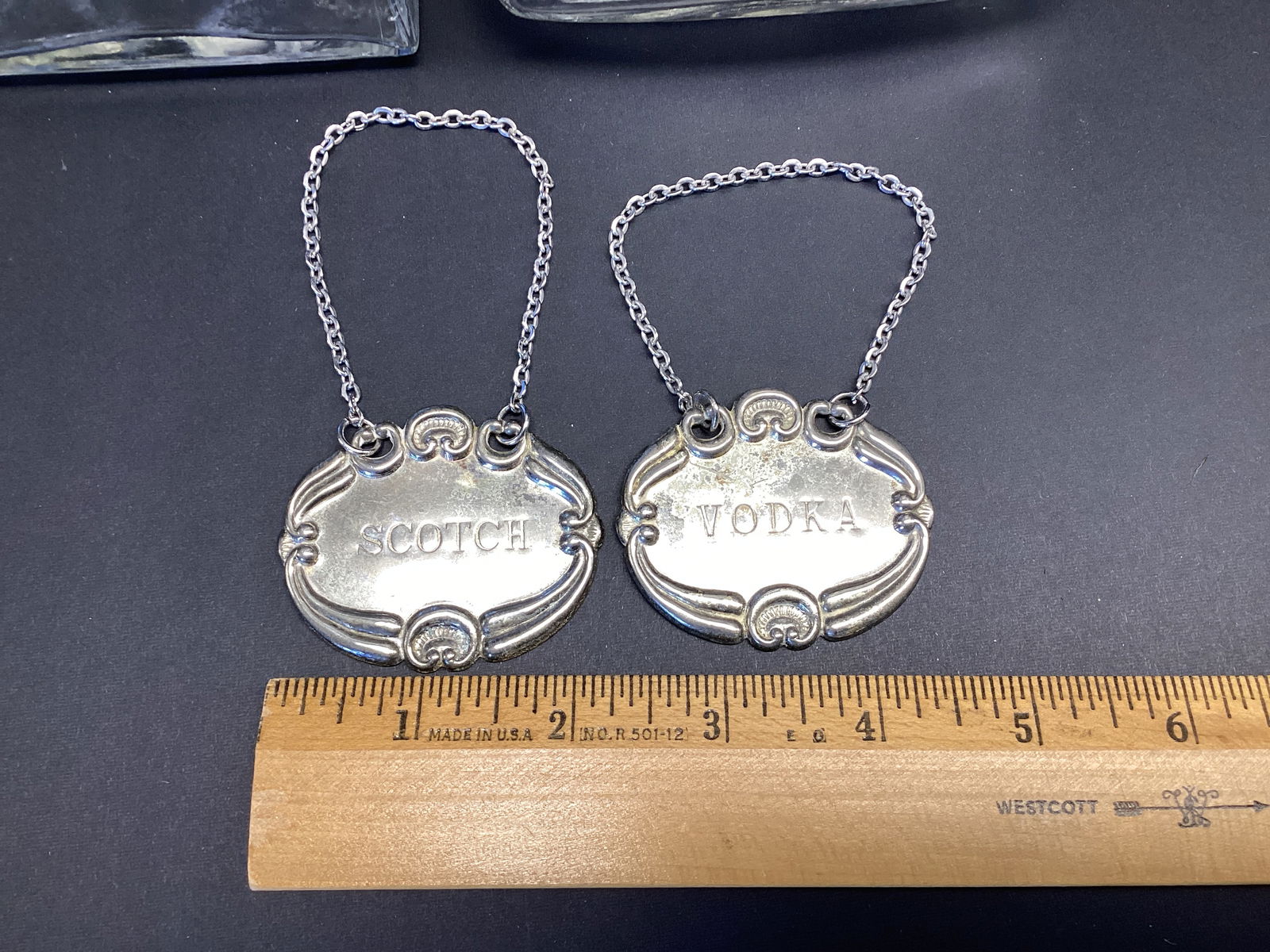 Two Vintage Glass Liquor Decanters with Four Hanging Labels - 2