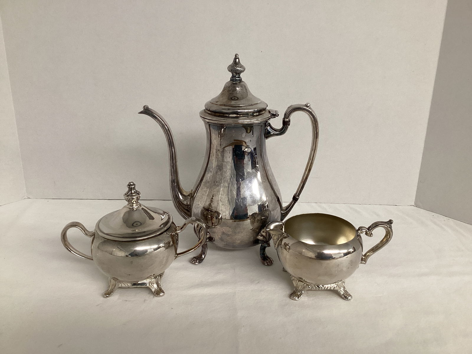Coffee Pot, Creamer, and Sugar Bowl: not matching, 9 1/2", 3", and 4 1/2" h 