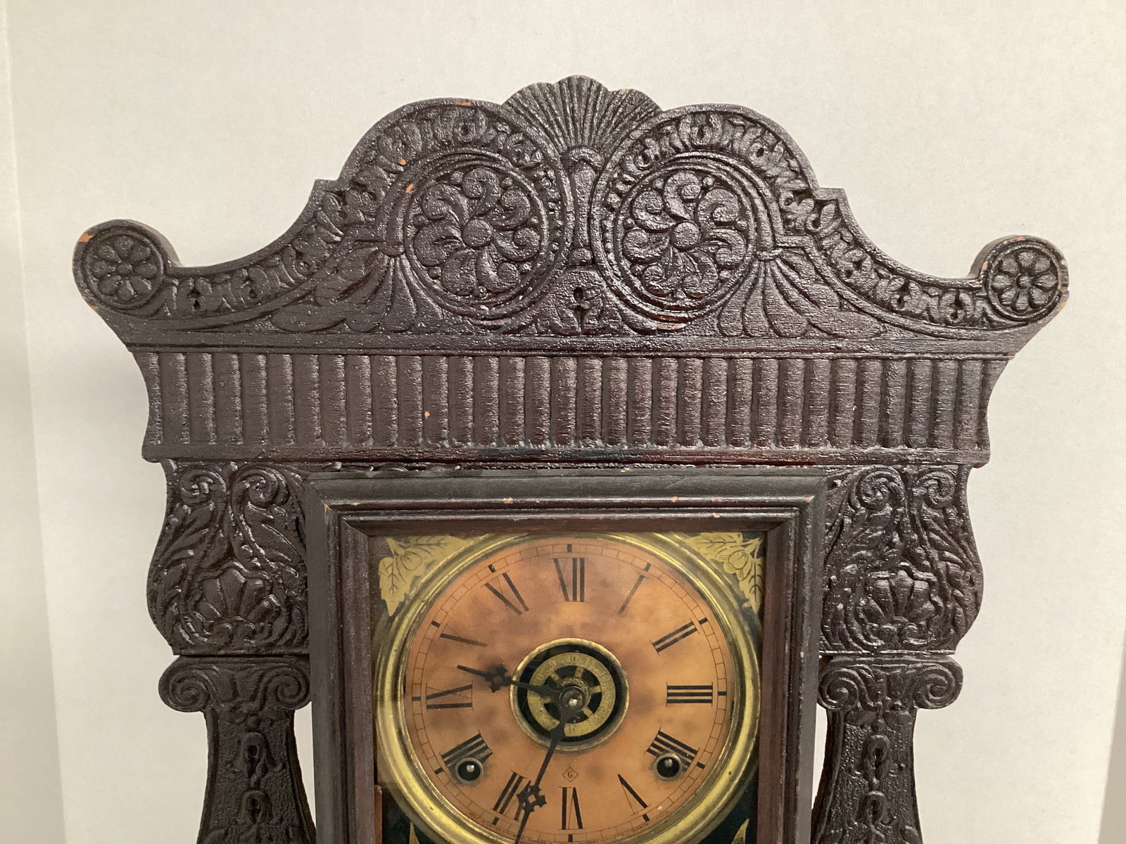 Wm. L. Gilbert Clock Co. Antique Oak Gingerbread Mantle Clock - 8