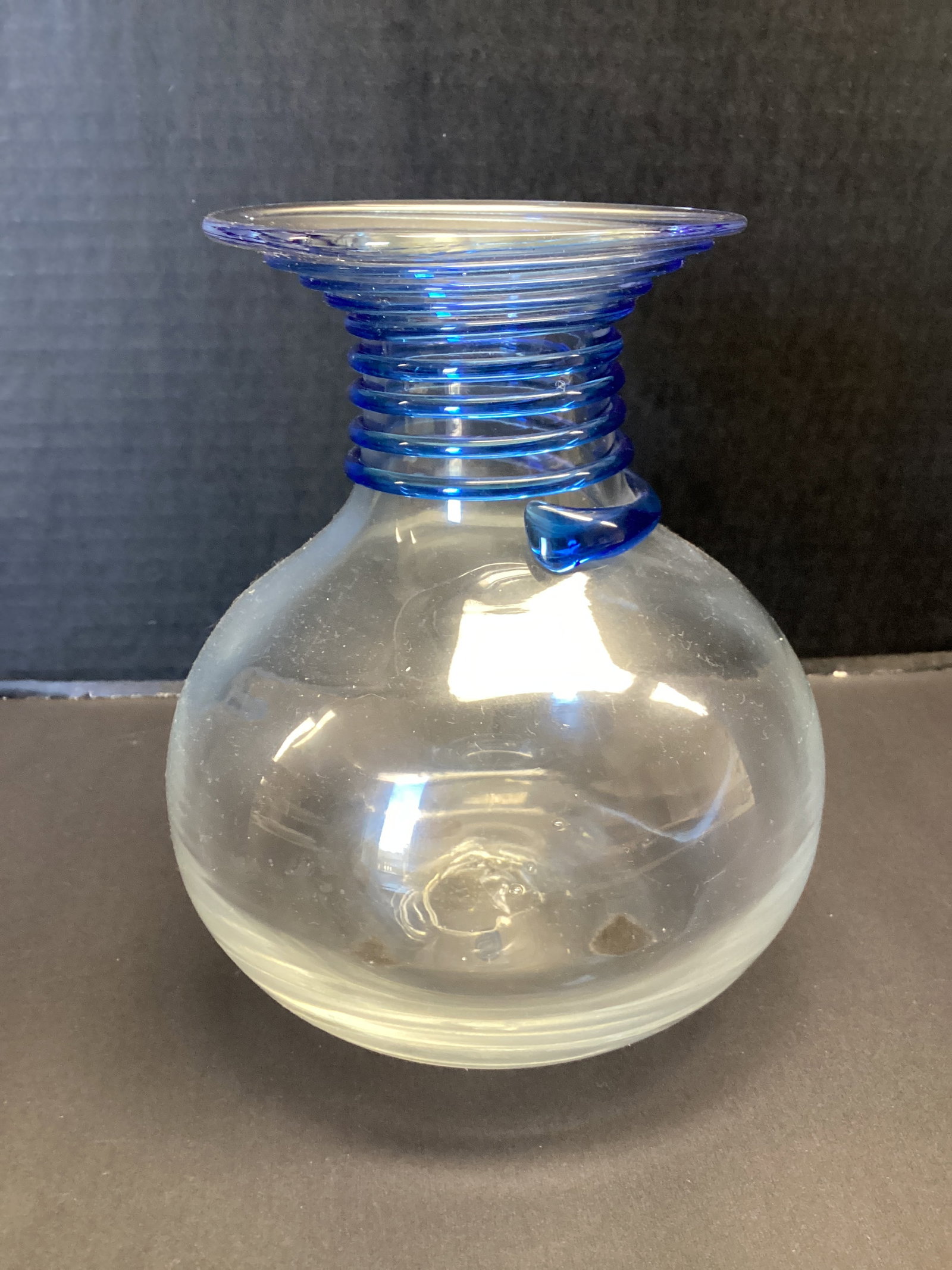 Blenko Hand Blown Clear Glass Vase with Blue Attached Swirl: 7" h