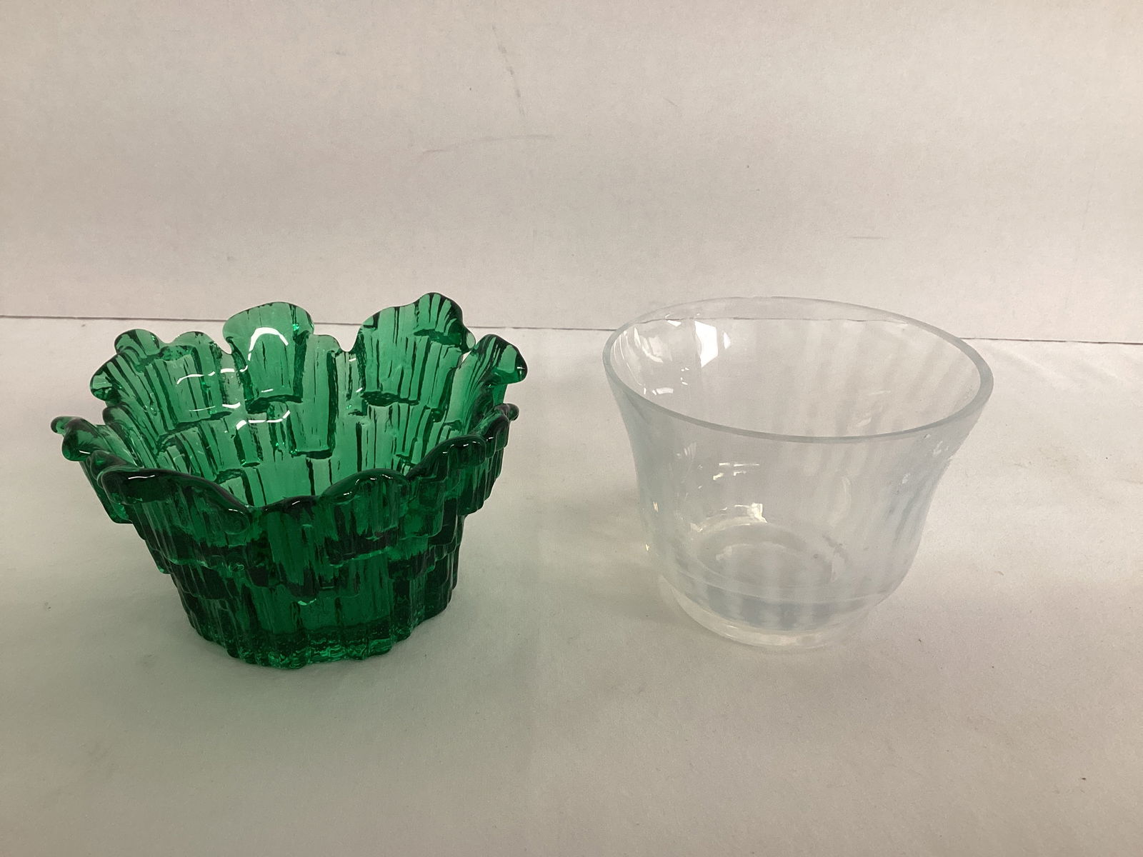 Green and Clear Striped Glass Votive Holders: 2 1/2" h, one chipped 