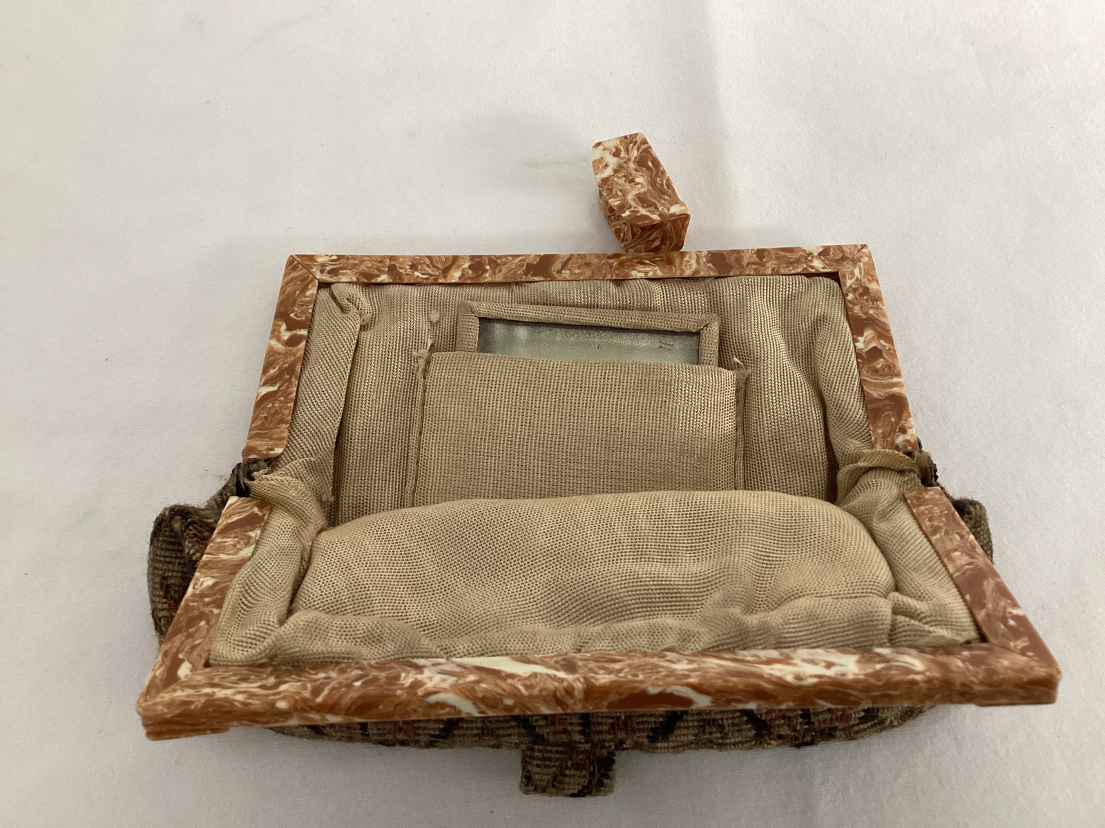 Vintage Cloth and Plastic Handbag with Mirror and Hand Strap - 3