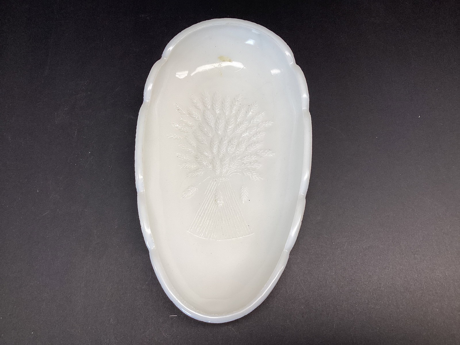 Milk Glass Oval Dish with Wheat Pattern: 8" L 